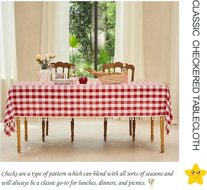 Table Cloth Rectangle Table-Rustic Gingham Tablecloth Buffalo Plaid Table Cloth for Thanksgiving Christmas Kitchen Dining Room (55x120 Inch,Red and White)