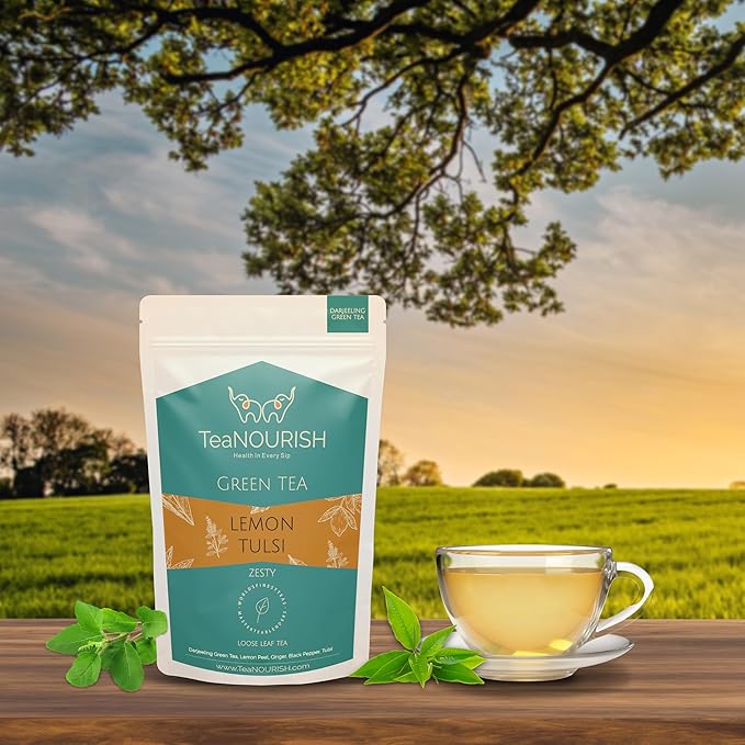 TeaNOURISH Lemon Tulsi Green Tee | Darjeeling Loose Leaf | Stress Relief Tee | Immune Support Tea | 100% Natural Ingredients | Brew 50 Cups Hot or Iced Tea - 3.53oz/100g