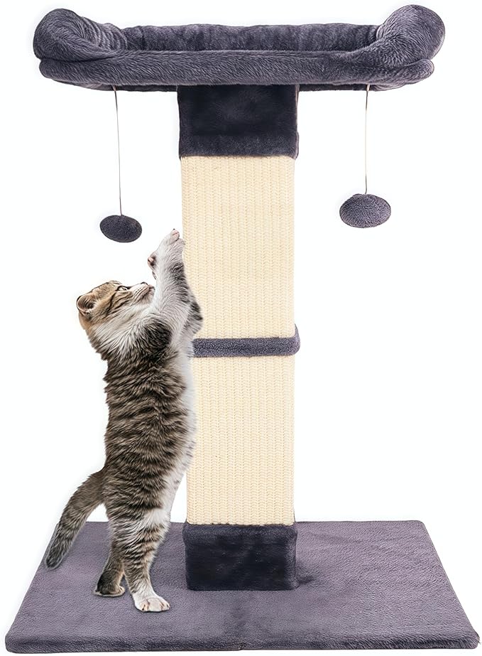 Runske 34" Tall Cat Scratching Post with Bed, Sisal Scratch Posts Trees with Plush Perch and Hanging Ball for Indoor Cats, Removable Cover, Large Scratch Post and Base, Rugged and Durable, Light Grey