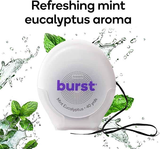 Burst Expanding Dental Floss (Mint Eucalyptus/120 Yards) | Stain Absorbing & Woven Tooth Floss with Xylitol Coating to Fight Cavities | Vegan | Paraben Free Expanding Floss