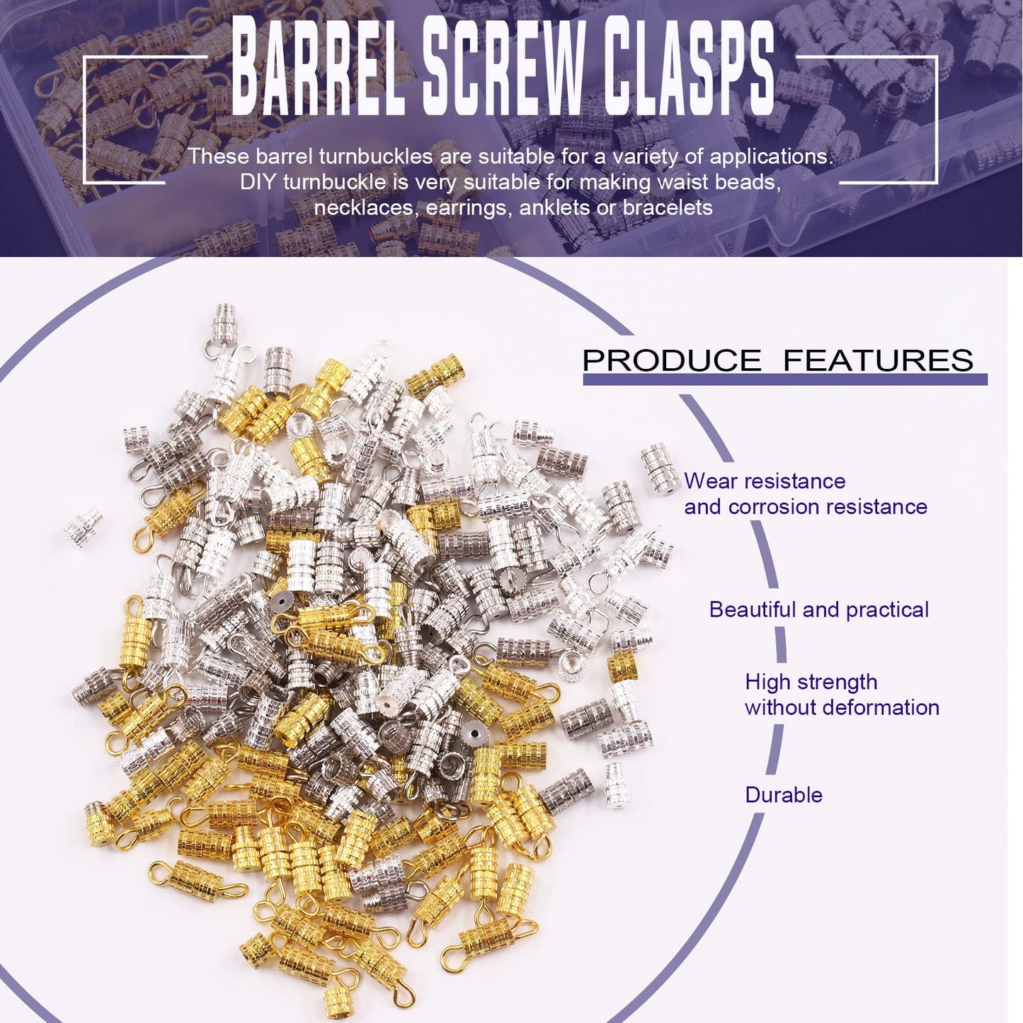 Swpeet 150Pcs 2 Styles Gold Silver White K Barrel Screw Twist Clasp Assortment Kit With and Without Ring for Necklace Bracelet DIY