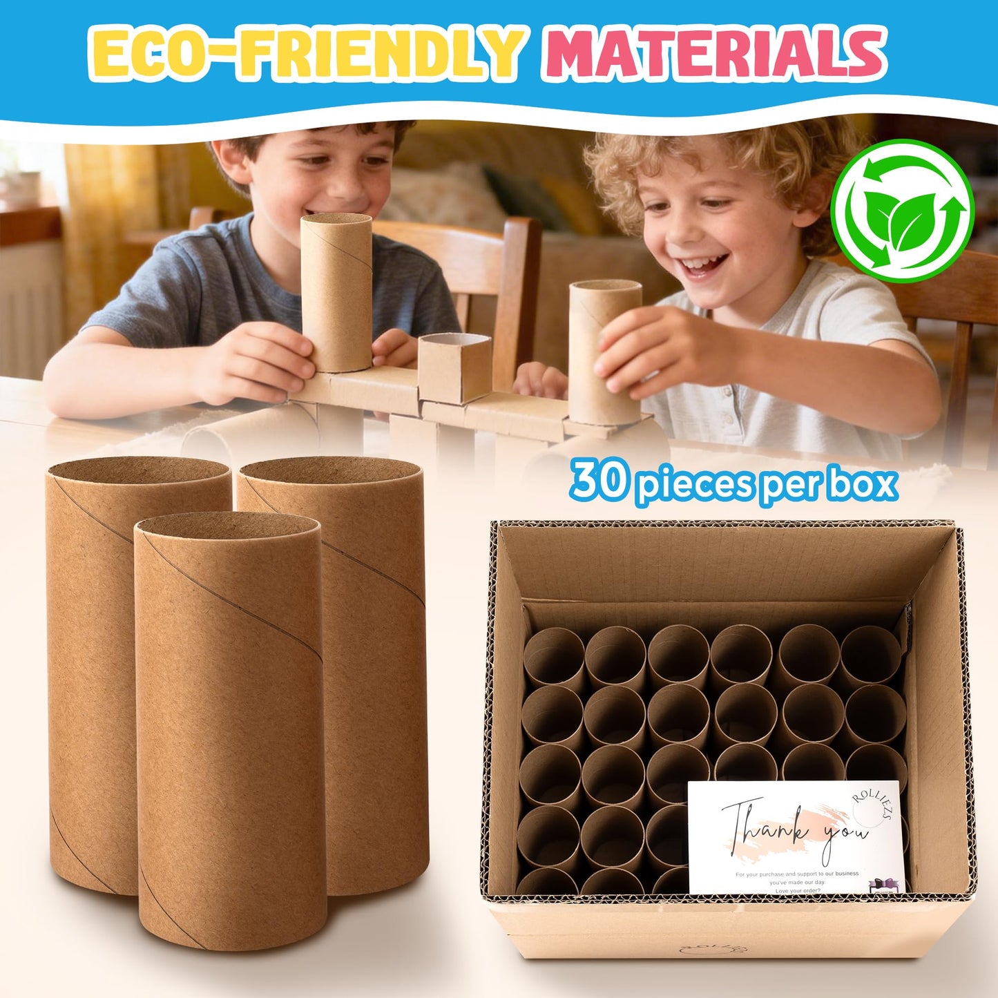 Rolliezs Cardboard Tubes for Crafts, 30 Pack Brown Paper Rolls – 1.77” x 3.94” Thin Empty Cardboard Craft Tubes for Kids, Classroom Projects, DIY Crafting & Paper Roll Crafts.