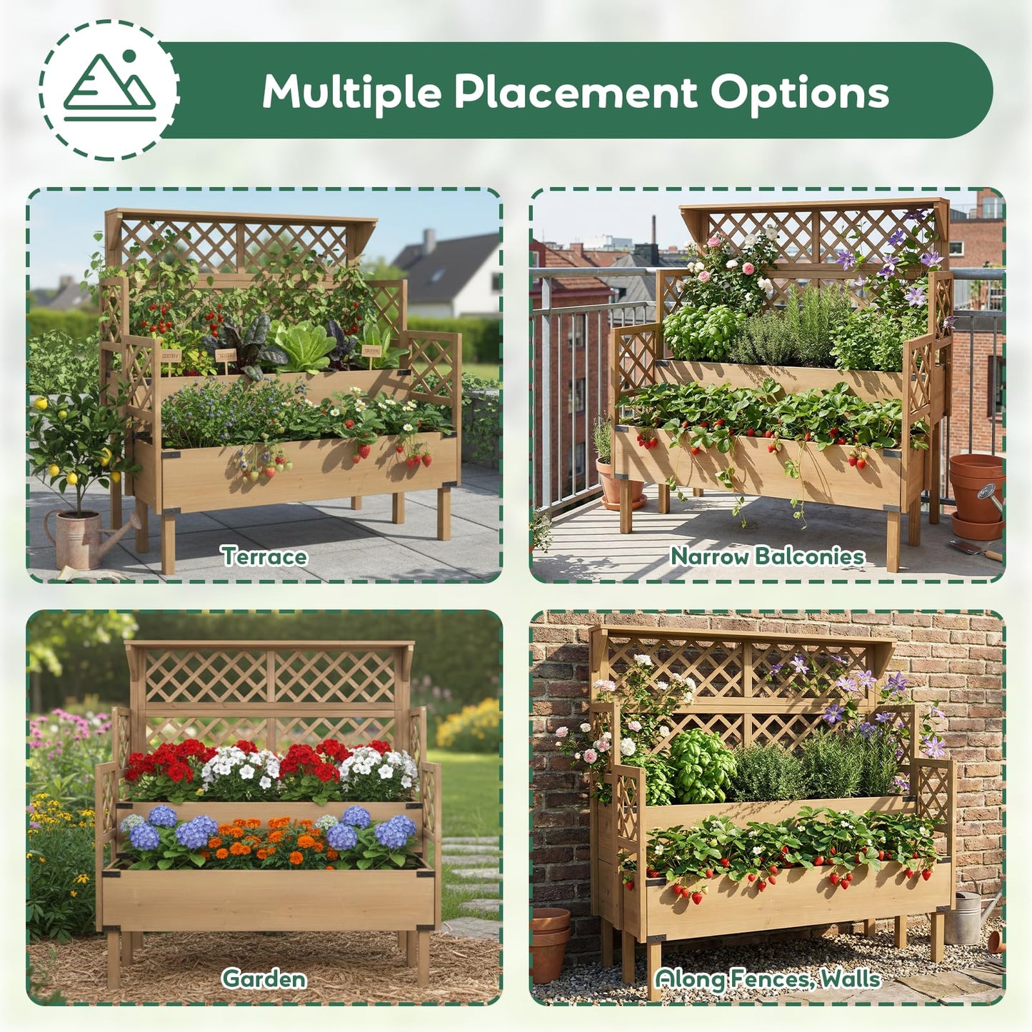 Raised Garden Bed with Trellis & Top Shelf, Outdoor Elevated Planter Box with 2 Planting Areas, Liner & Metal Corners for Climbing Plants, Vegetables, Herbs