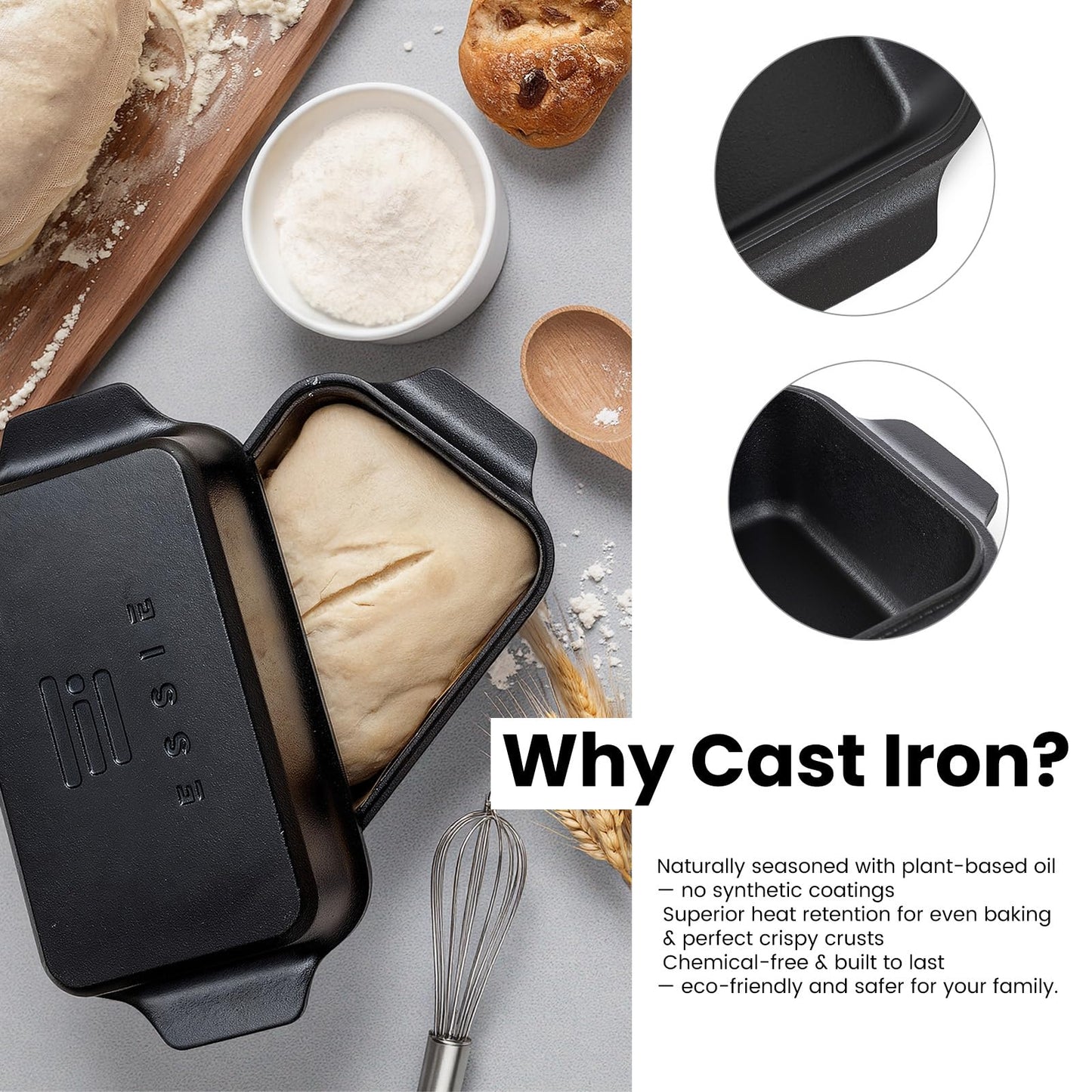 RYEDE Cast Iron Duct Oven for Sourdough Bread baking, 9×5 Loaf Pan with Lid, Bread Pans for Homemade Bread, 2 in 1 Dutch Oven Pot with Lid, Pre-Seasoned (4.5 QT)
