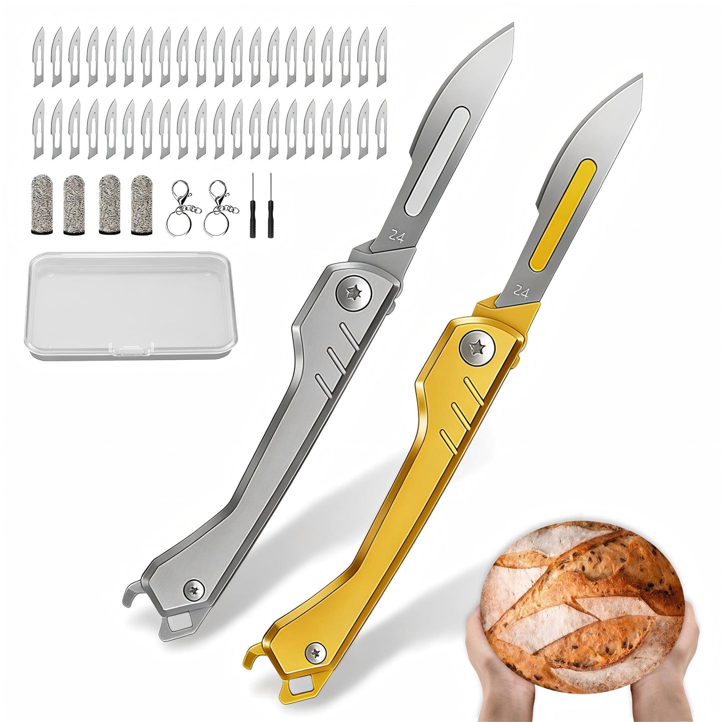 CRUIFU 2pcs Bread Lame Dough Scoring Tool,Folding Scalpel Knife with 40 Razor Blades,Multi-Function Sourdough Scoring Tool for Homemade & Baguette Artisan Bread Baking Supplies (Gold/Gray)
