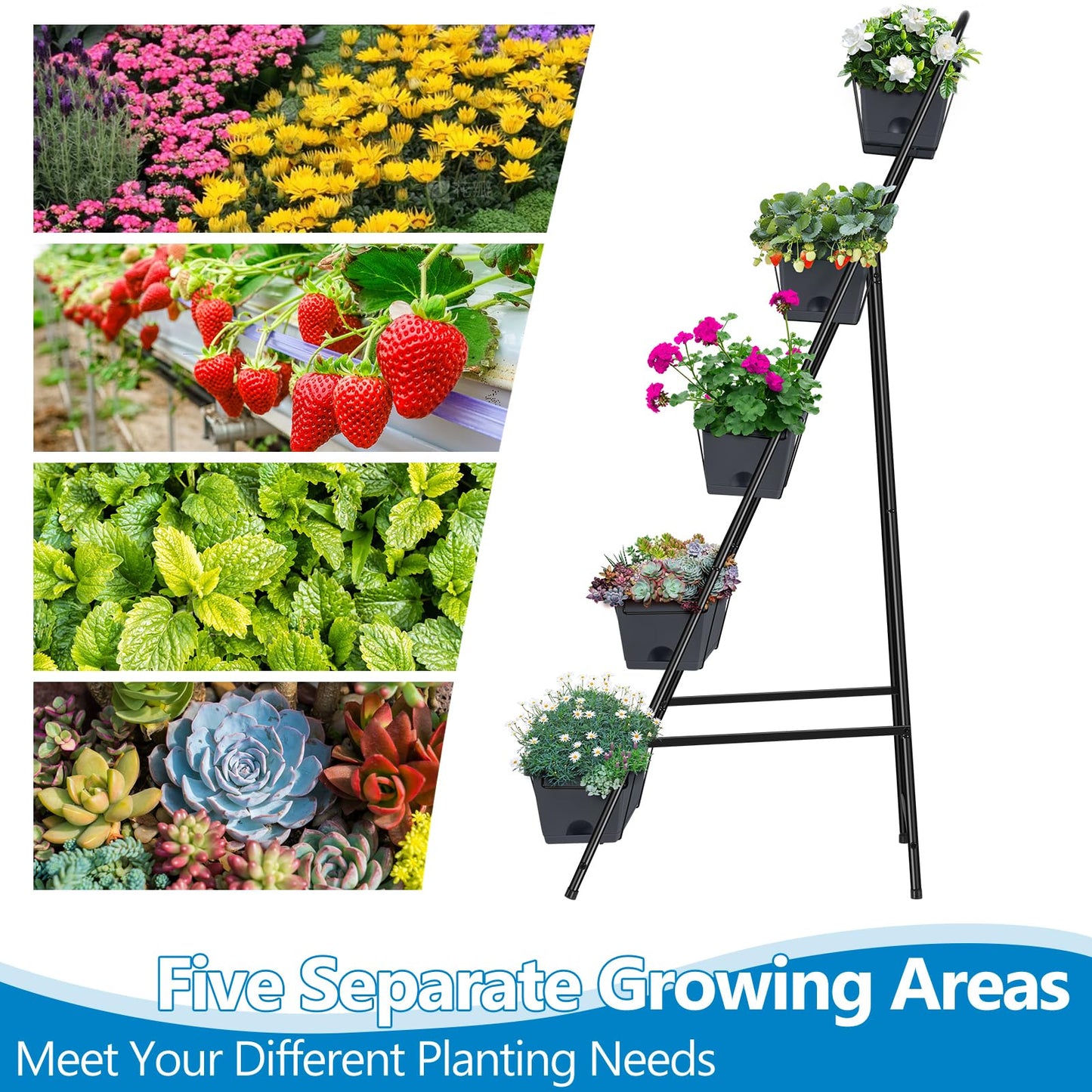 Raised Garden Bed 5 Tier Vertical Planter Standing Herb Garden Elevated Box With Drainage Holes Tall Planters for Outdoor Plants Vegetables Flowers Grey