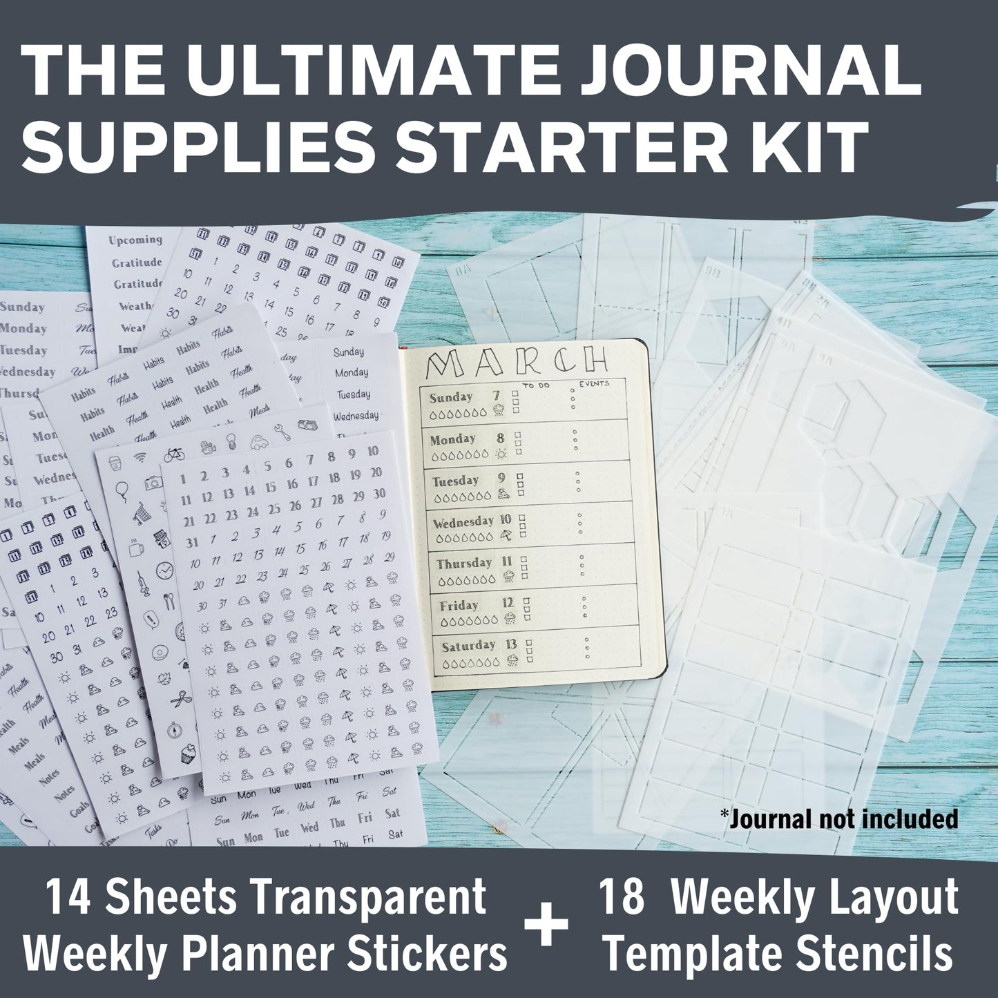 Weekly Planner Layout Journaling Supplies Kit (32 pcs) - 18 Weekly Layout A5 Planner Stencils and 14 Sheets Minimalist Planner Stickers, Planner Accessories Compatible with A5 Bullet Journals