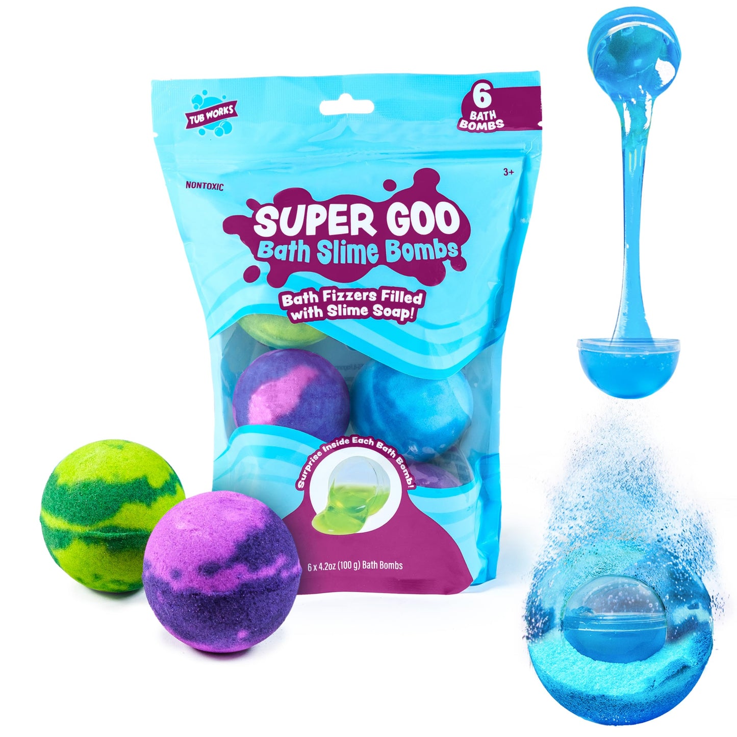 Tub Works Super Goo Bath Slime 'Surprise' Bombs, 6 Pack | Kids Bath Bombs With Surprise Inside | Nontoxic | Stretchy, Squishy Slime Soap | Sensory Fun for Kids