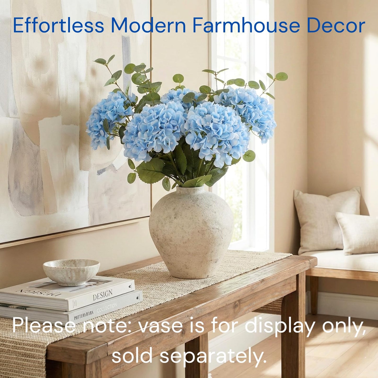 Blue Hydrangea Artificial Flowers Arrangement, 5 Real Touch Hydrangea Stems & 3 Faux Eucalyptus, Artificial Flowers for Table Centerpiece, Dining Room Living Room Decor, Spring Home Decor