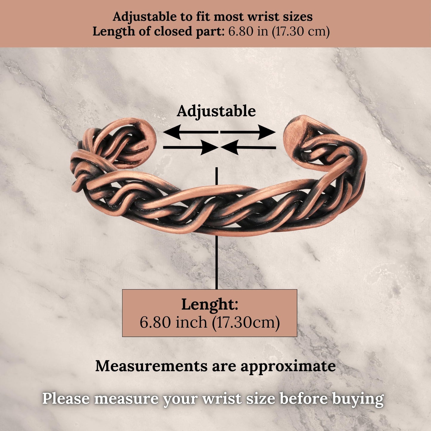 Handmade Elegant Copper Bracelet for Women and Men-Pure Copper Bracelet for Pain Relief and Stress Relief-Adjustable, Thickest, Twisted Copper Wire Bracelet to Fit many Size Wrist(folded) (intricate)