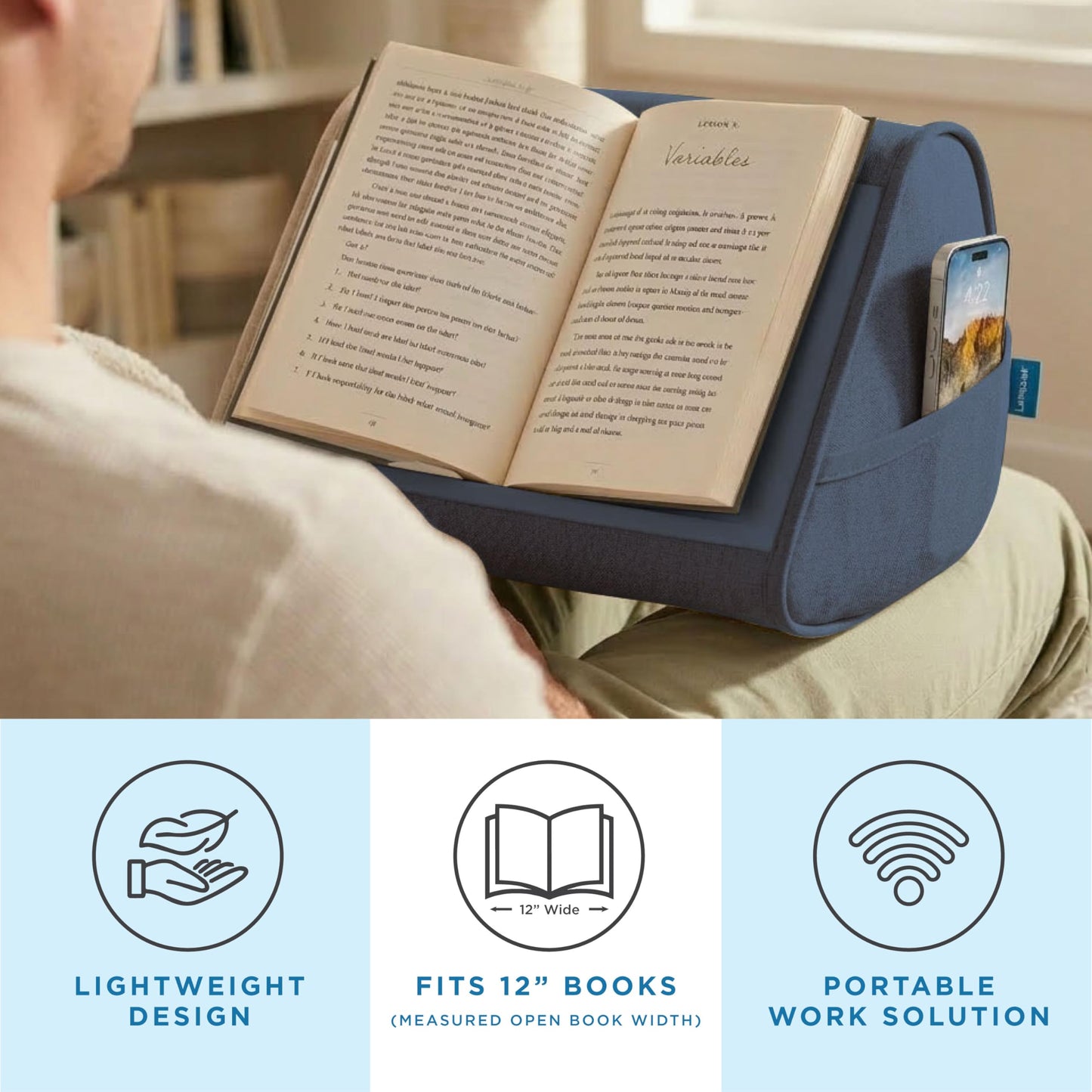LAPGEAR Book Pillow – Lap Reading Cushion with Built-in Book Stand – Fits 6x9 Books & Similar Sizes – Denim Blue – Style No. 33203
