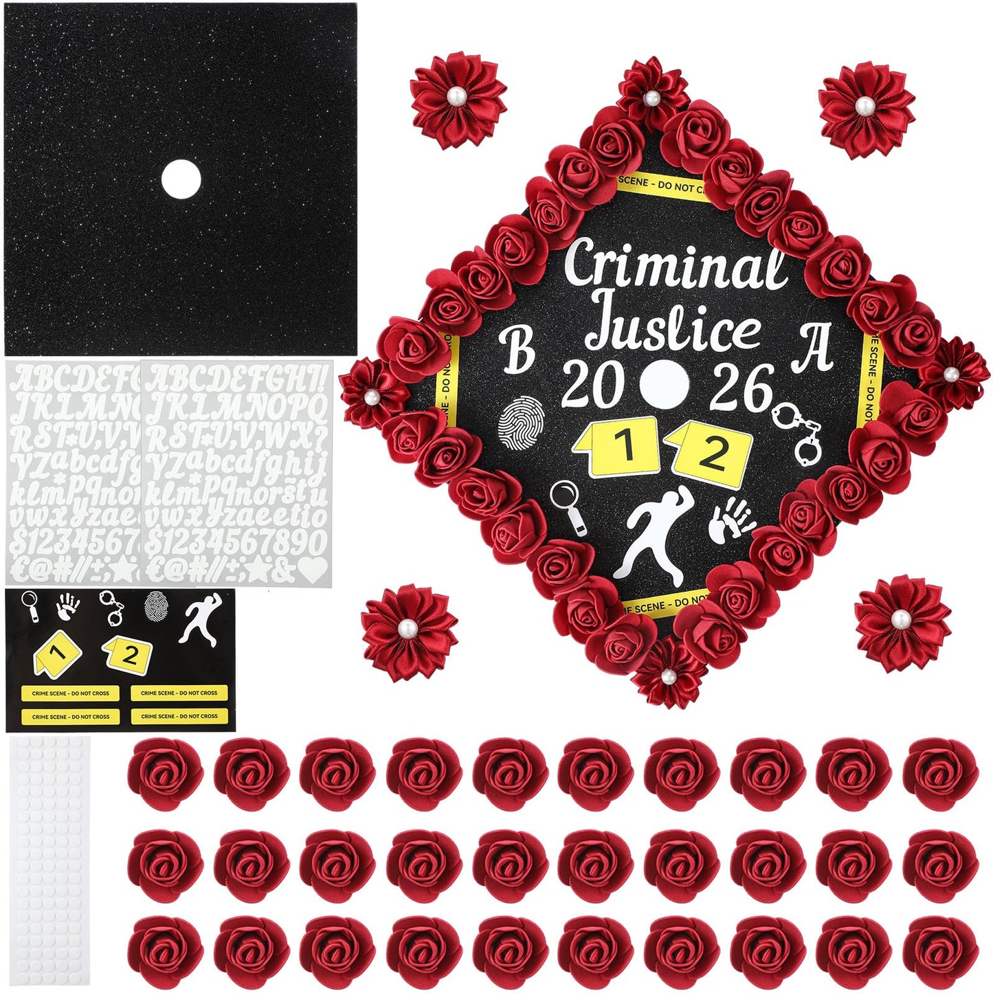 Dunzoom 39 Pcs Criminal Justice DIY Graduation Cap Decorations Set Grad Cap Topper Artificial Flowers Crime Scene-themed Number & Letter Stickers for Wreath Grad Hap Graduation Ceremony Party Supplies