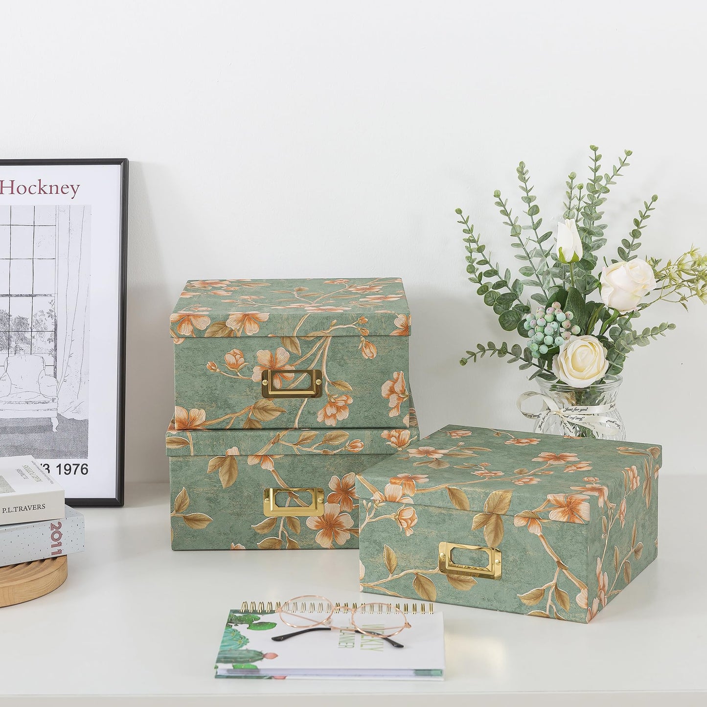 Soul & Lane Decorative Cardboard Storage Boxes - Set of 3 Square Stacking Boxes with Lids and Gold Label Holders, Nesting Photo Storage for Decor and Organizing, Botanical Sage