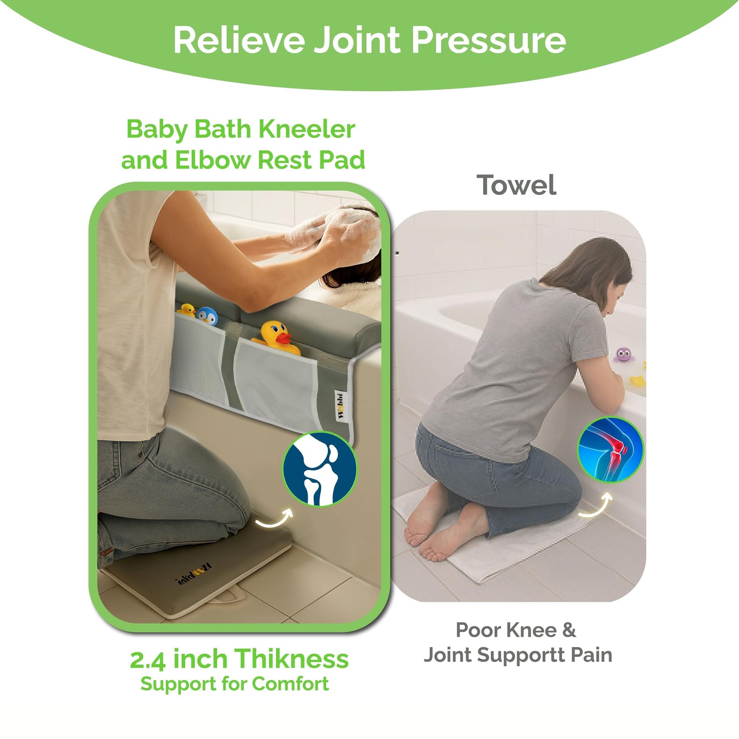Wobbi Baby Bath Kneeler and Elbow Rest Pad Set - 1.5" Thick Memory Foam Knee Pad for Bathing Babies - 6 Suction Cups Non Slip Bath Kneeling pad with Toy Storage - Foldable & Quick Drying-Grey