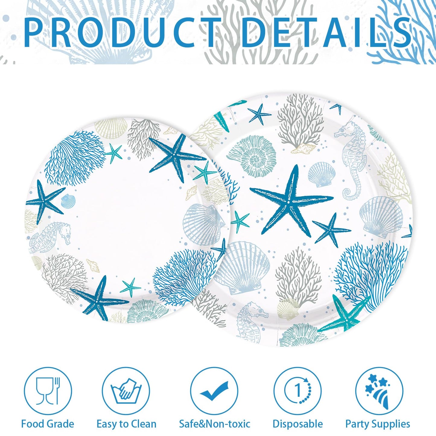 Greencian 250Pcs Ocean Coastal Party Decorations Blue Seashell Starfish Coral Plates Napkins Cups Beach Ocean Sea Tableware Set for Summer Beach Holiday Birthday Dinner Party Supplies Serves 50