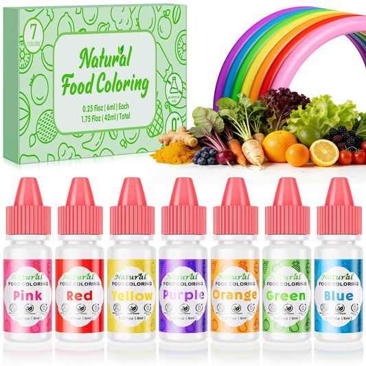 Natural Food Coloring Kit - 7 Colors Dye Free Natural Food Dye, FD&C Artificial Dye Free Liquid Food Coloring for Baking, Cake Decorating, Frosting, Easter Eggs, Fondant & Cookies, 6ml (0.25 fl oz)