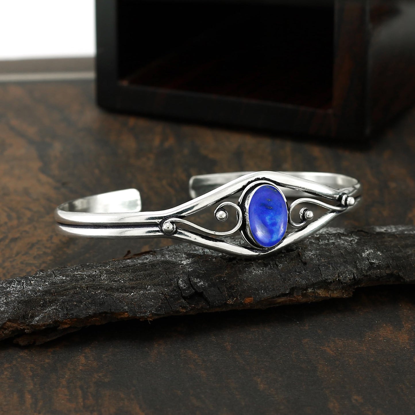 925 Silver Plated Natural Lapis Lazuli Cuff Bangle Bracelet for Women – Handmade Open Bangle – Blue Gemstone September Birthstone Statement Jewelry – Gift for Her