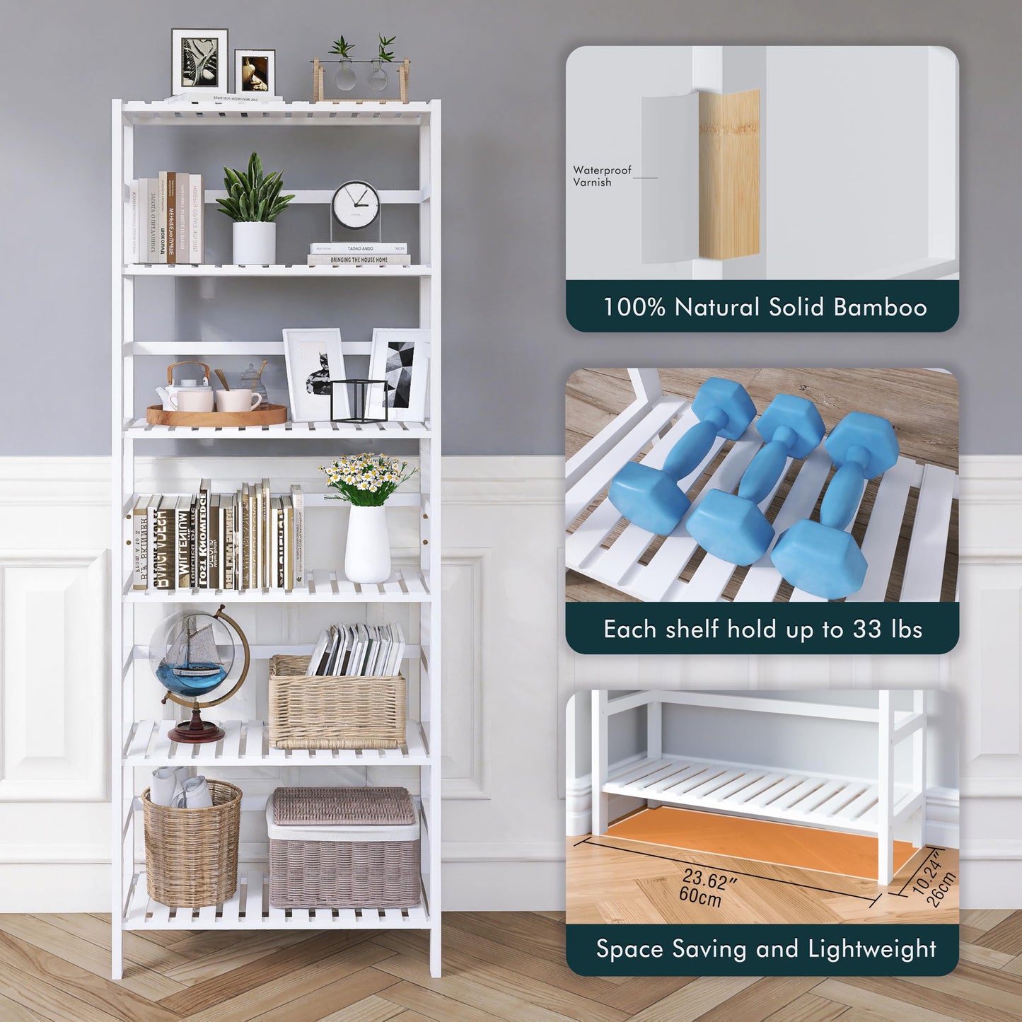 HITNET Bookshelf, 6-Tier Tall Bookcase Freestanding Bamboo Book Shelf Bathroom Storage Organizer with Adjustable Shelves, White