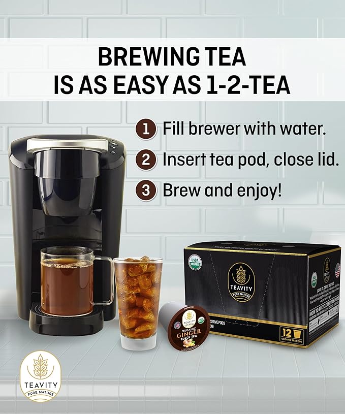 Organic Ginger Tea Pods for Keurig with Unsweet Black Tea for K Cup Brewing - Ginger Black Tea by Teavity (12 Tea Pods)