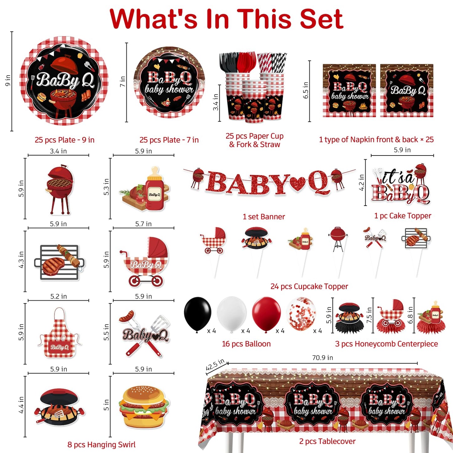 Xynic 213Pcs Baby Q Baby Shower Decorations Tableware Set Severs 25, Baby Shower Decorations Include Banner, Balloons, Tablecloth, Paper Plates, Cups, Cake Topper, Cupcake Toppers
