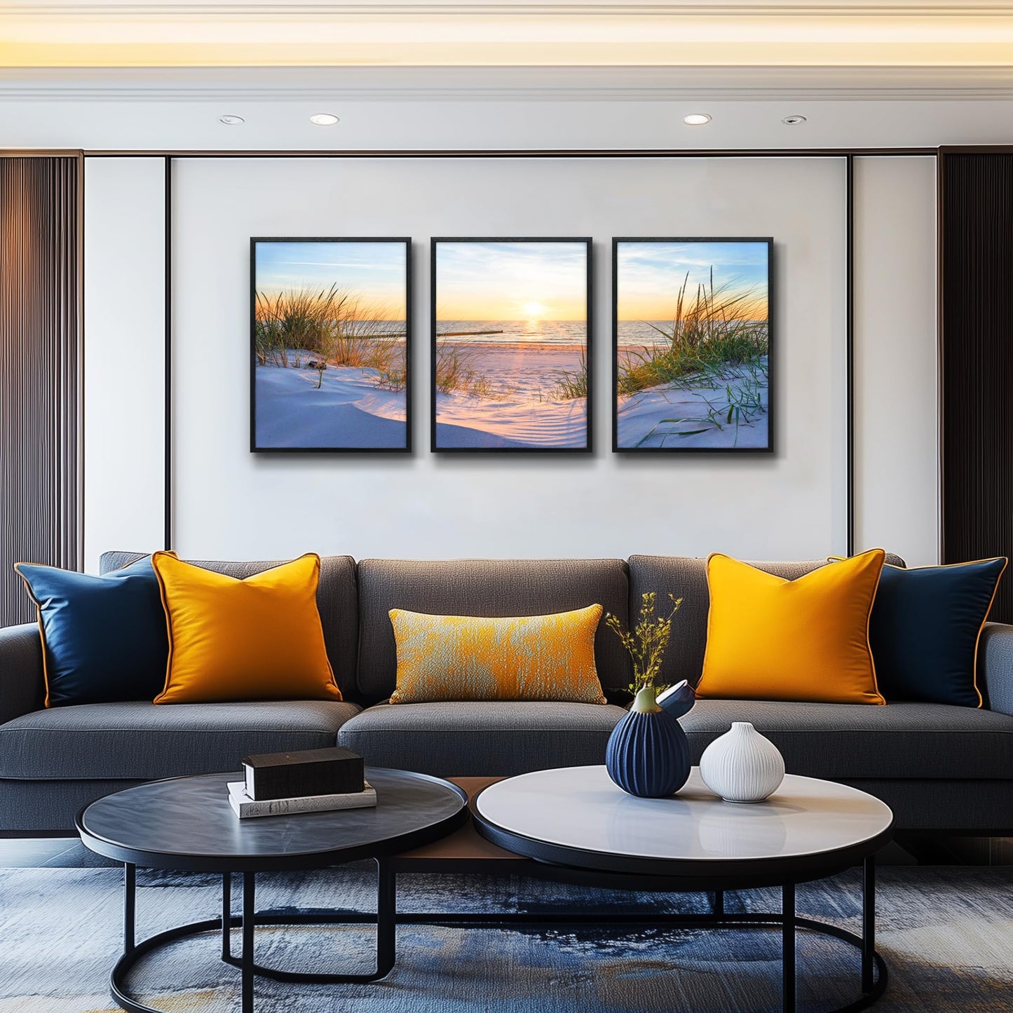 Black Framed Beach Wall Art Set - Blue Seascape Paintings for Living Room, Bedroom & Office - 12"X16" Each
