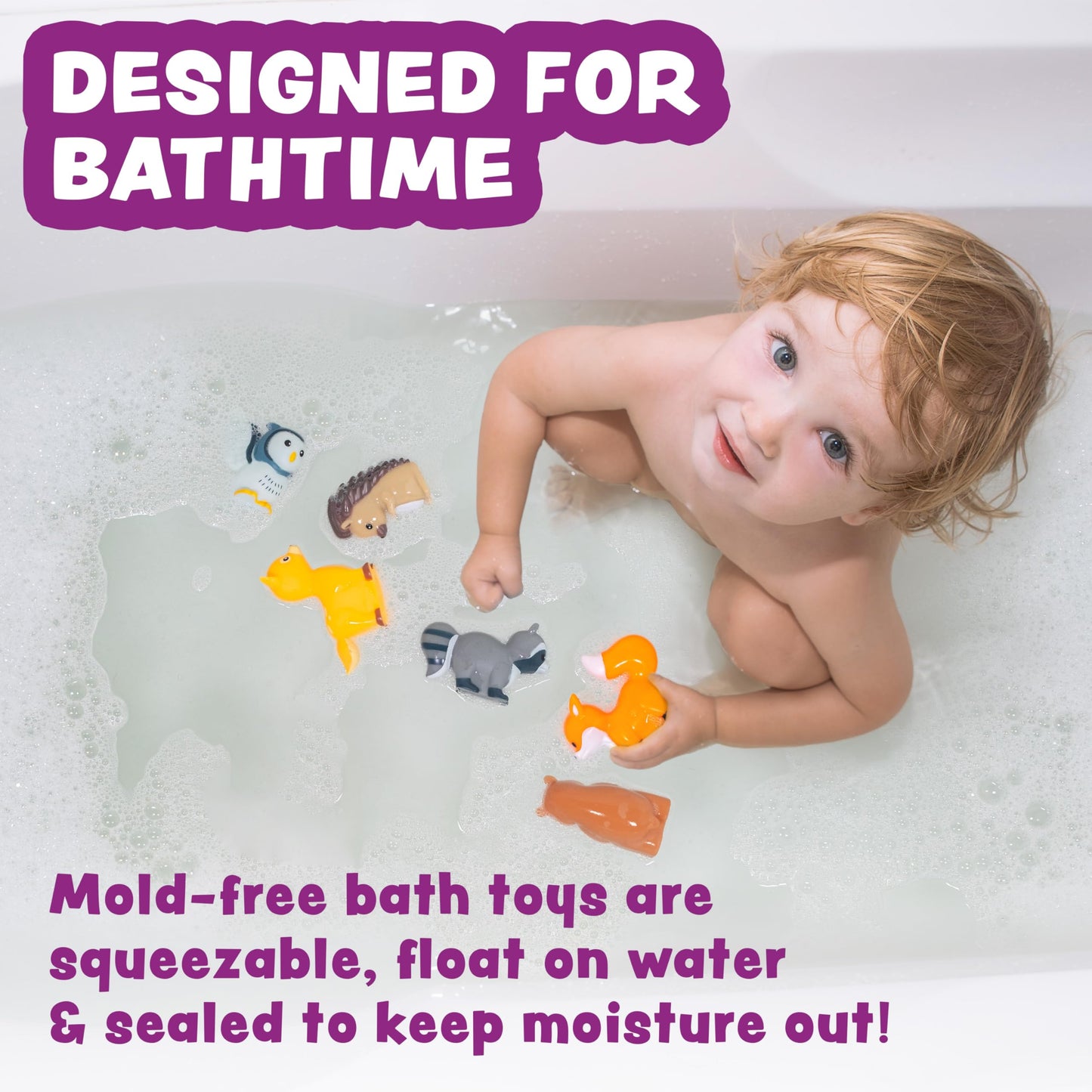 Tub Works® Woodland Animals Watertight Baby Bath Toys, 6 Pack | Sealed, No Hole Bath Toys Design Keeps Moisture Out | Soft, Squeezable & Float on Water | Easy-Grip Toddler Bath Toy Set for Kids Bath