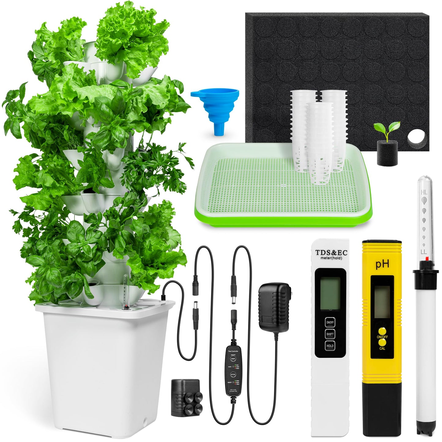 Carpathen Hydroponic Tower Growing System - Indoor Vertical Gardening System for 30 Plants - Complete Kit with Timer, PH+TDS Meter, Water Level Gauge - Self Watering Indoor Herb Garden Without Soil