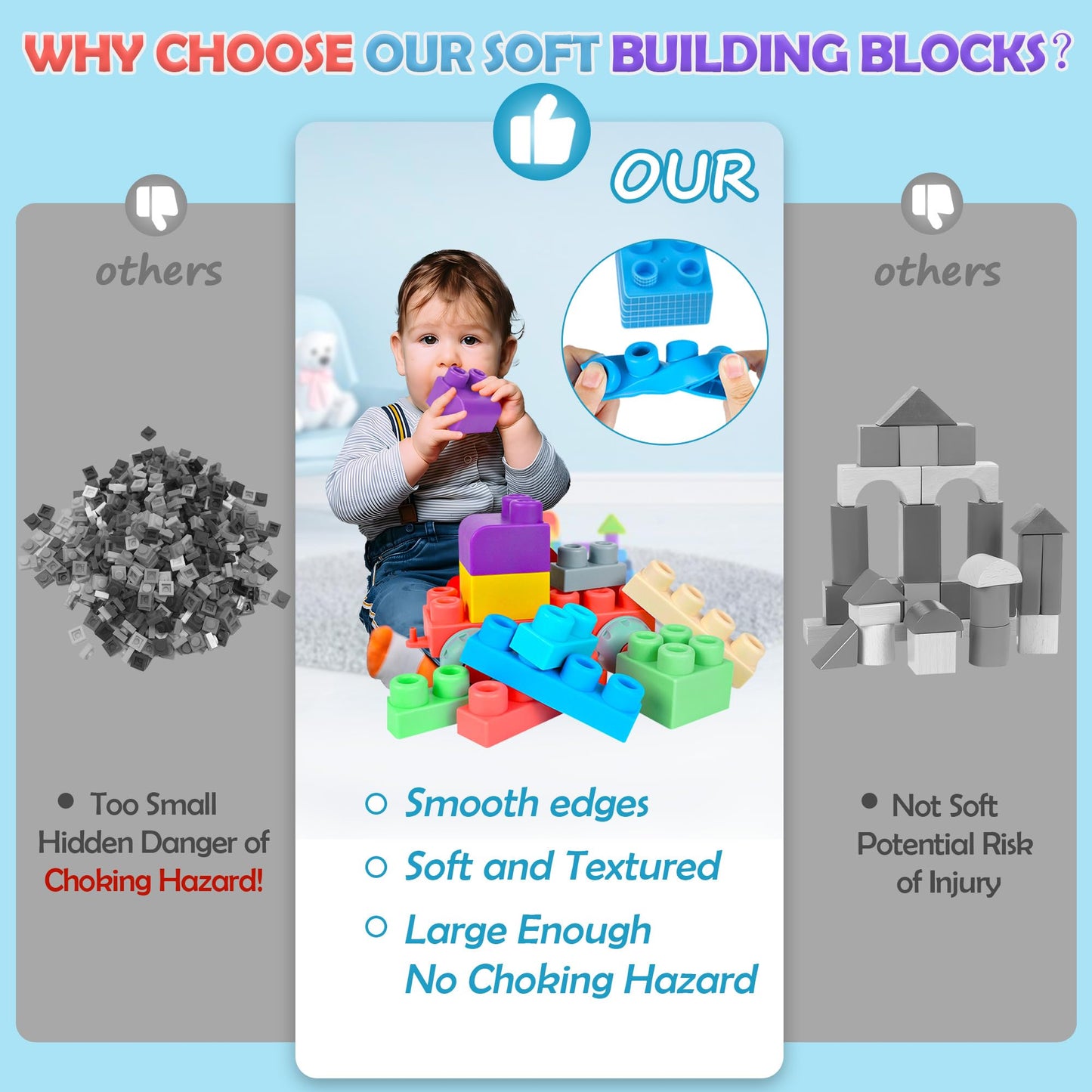 ROHSCE Baby Soft Blocks Set, Big Building Block Toys, Soft Rubber Blocks for Babies 6 Months and Up STEM Educational Toddler Gifts, Baby Soft Blocks Sensory Stacking Toys, 80PCS