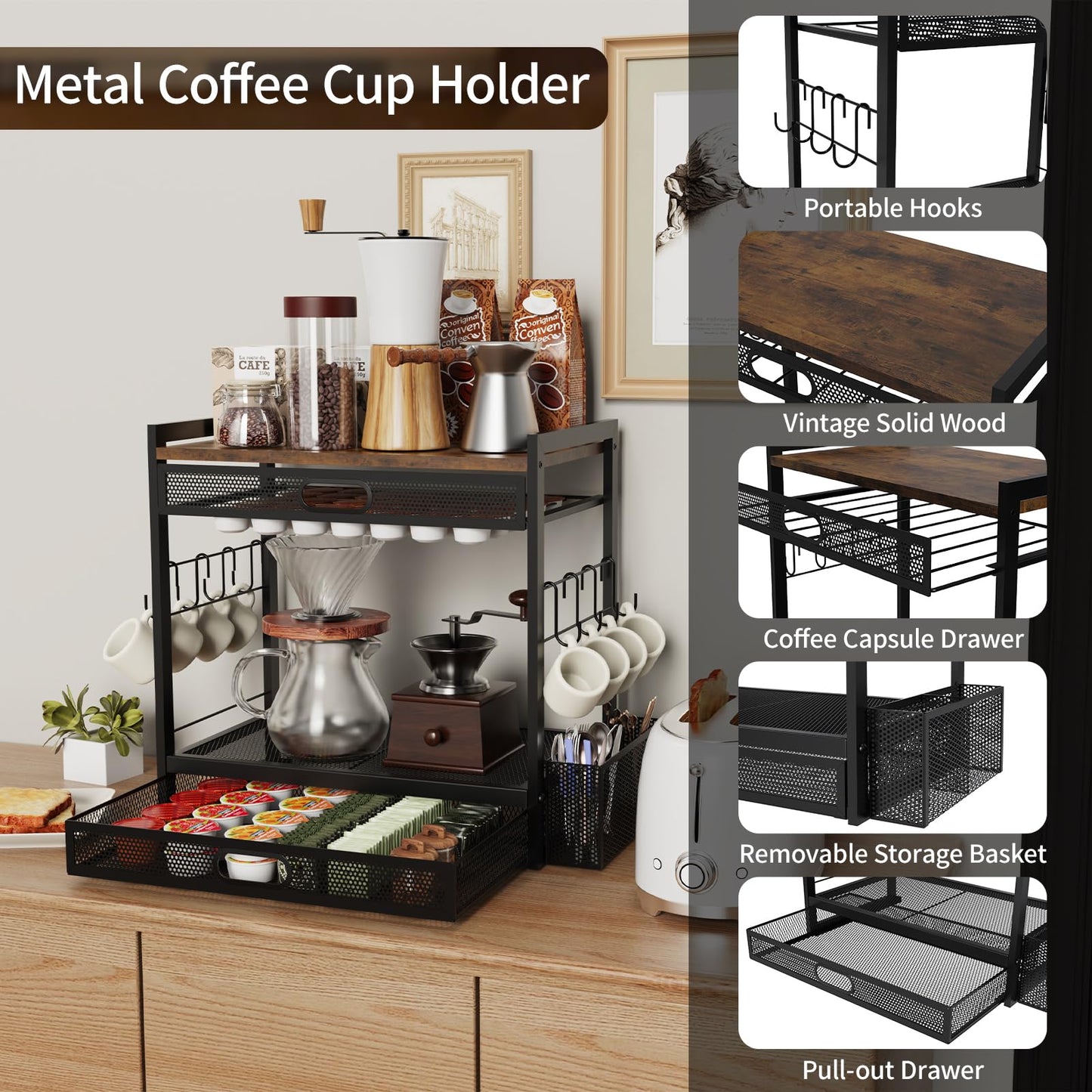 Coffee Bar Organizer Station with CoffeePod Drawer Mug Cup Holder and Tea Condiment Storage for Countertop Organizer CoffeeBar Accessories for Kitchen,Home,Office
