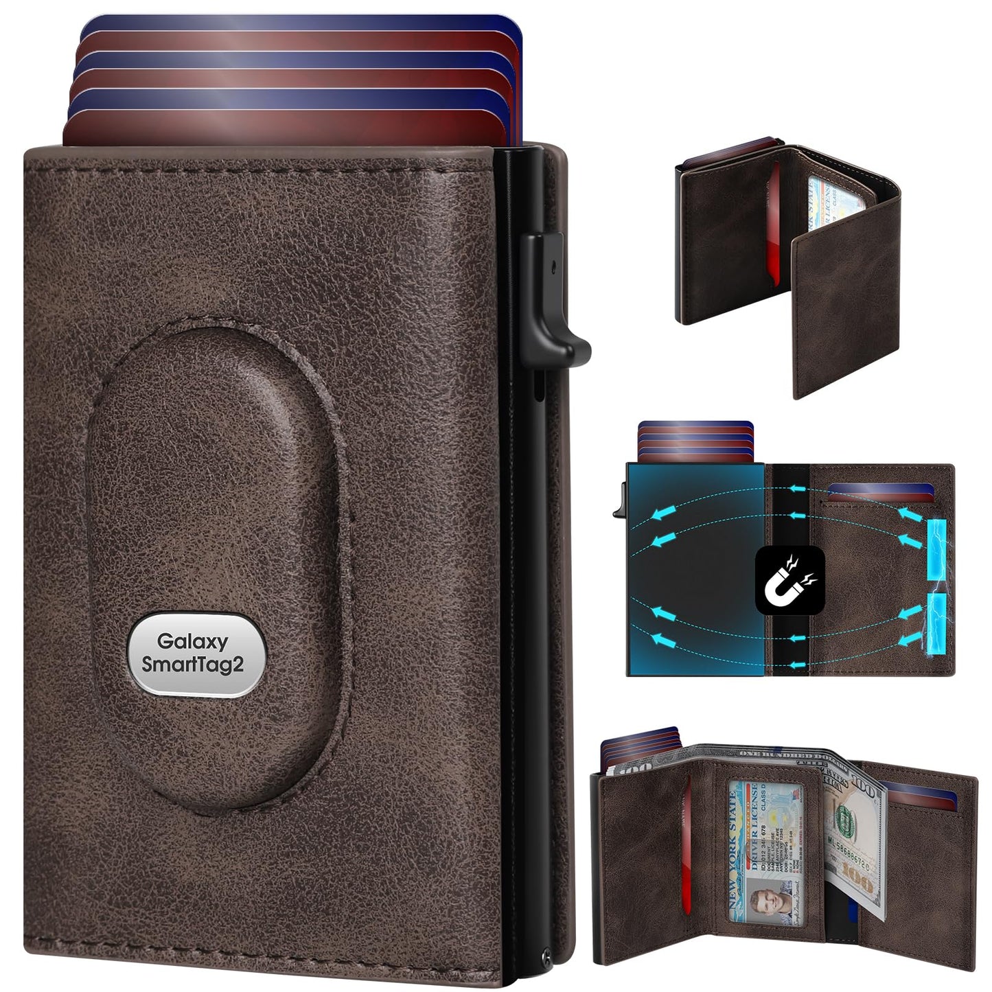 GAOCHALE Mens Wallet for Samsung Smarttag2 Pop up Card Holder Compatible with Samsung Tag RFID Blocking Wallet for Men 10-14 Card Capacity | ID Window | Cash Slot(Coffee)