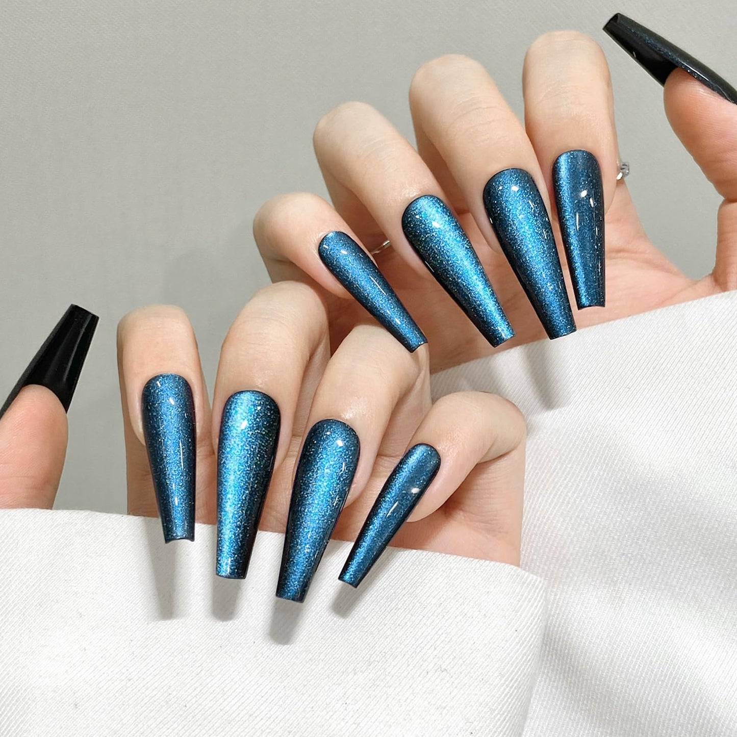 Blue Cat Eyes Press On Nails,12 Sizes - 24 Pcs Soft Gel Blue Long Coffin Fake Nails Kit with Nail Glue, Natural Reusable Stick On False Nails for Women and Girls SK1040