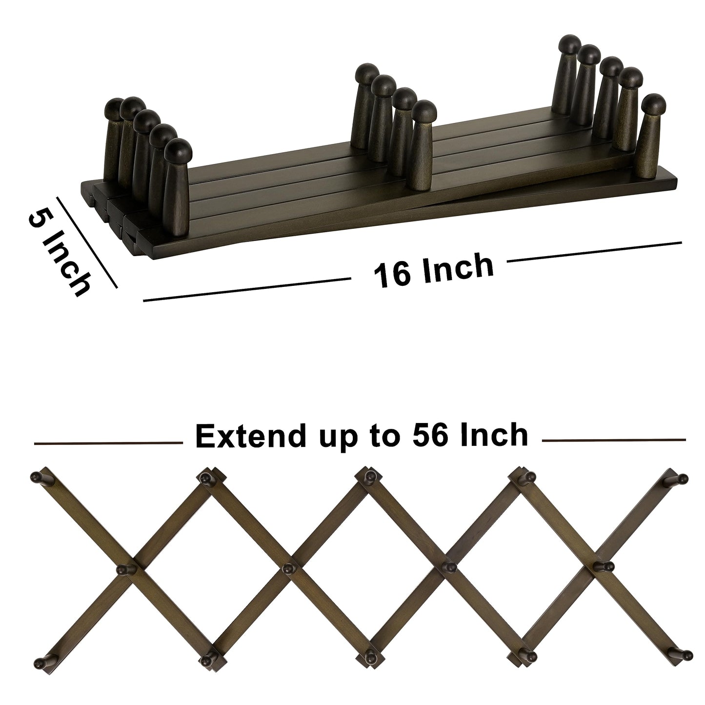 Dseap Accordion Wall Hanger:16'' High Wooden Expandable Coat Rack, Hat Rack for Wall,Accordion Hook for Baseball Caps,Coats,14 Peg Hooks,Dark Walnut