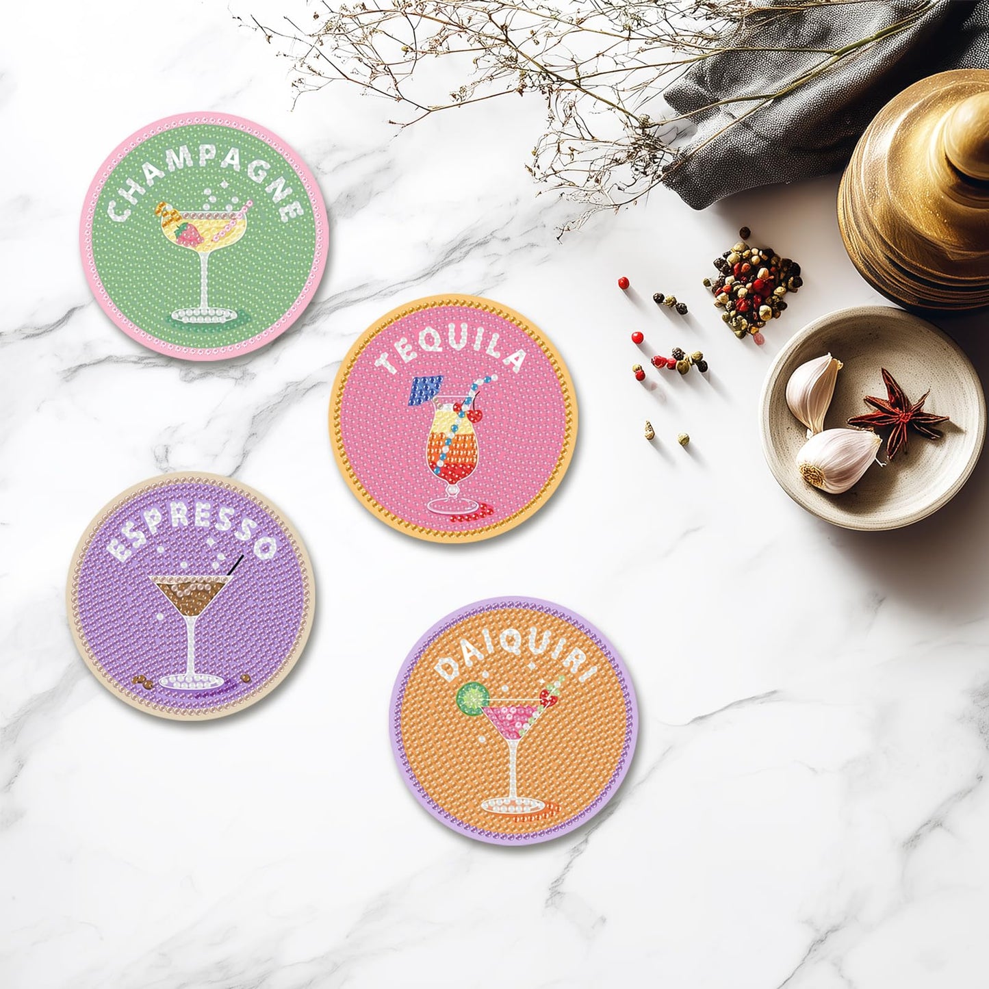 8 Pcs Cocktail Diamond Art Coasters Kit for Adults, Cocktail Diamond Painting Coasters with Holder, 5D Gem Art DIY Crafts Diamond Dots for Gift Life