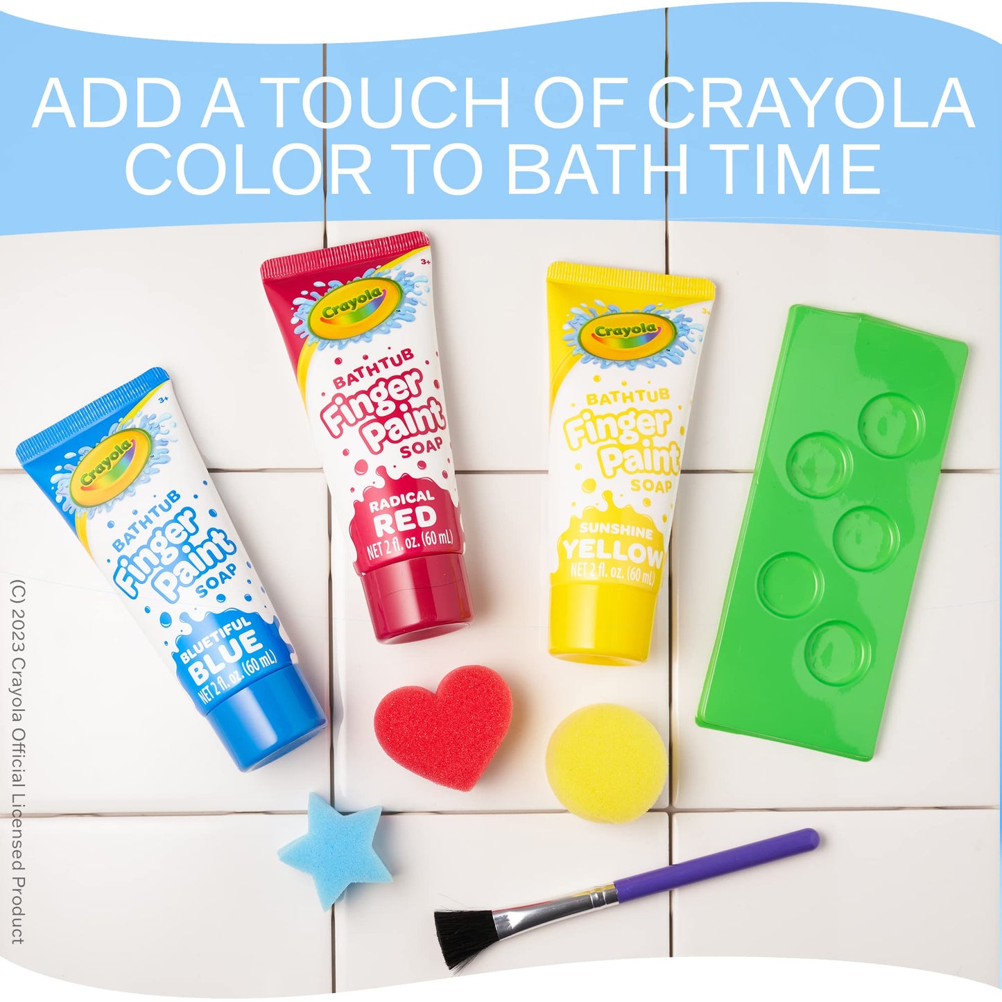 Crayola Bath Tub Mini Paint Set 9 Piece Art Kit - Brushes, Sponges, & Wash Away Finger Paints, Blue Yellow & Red Color Tub Fingerpaints