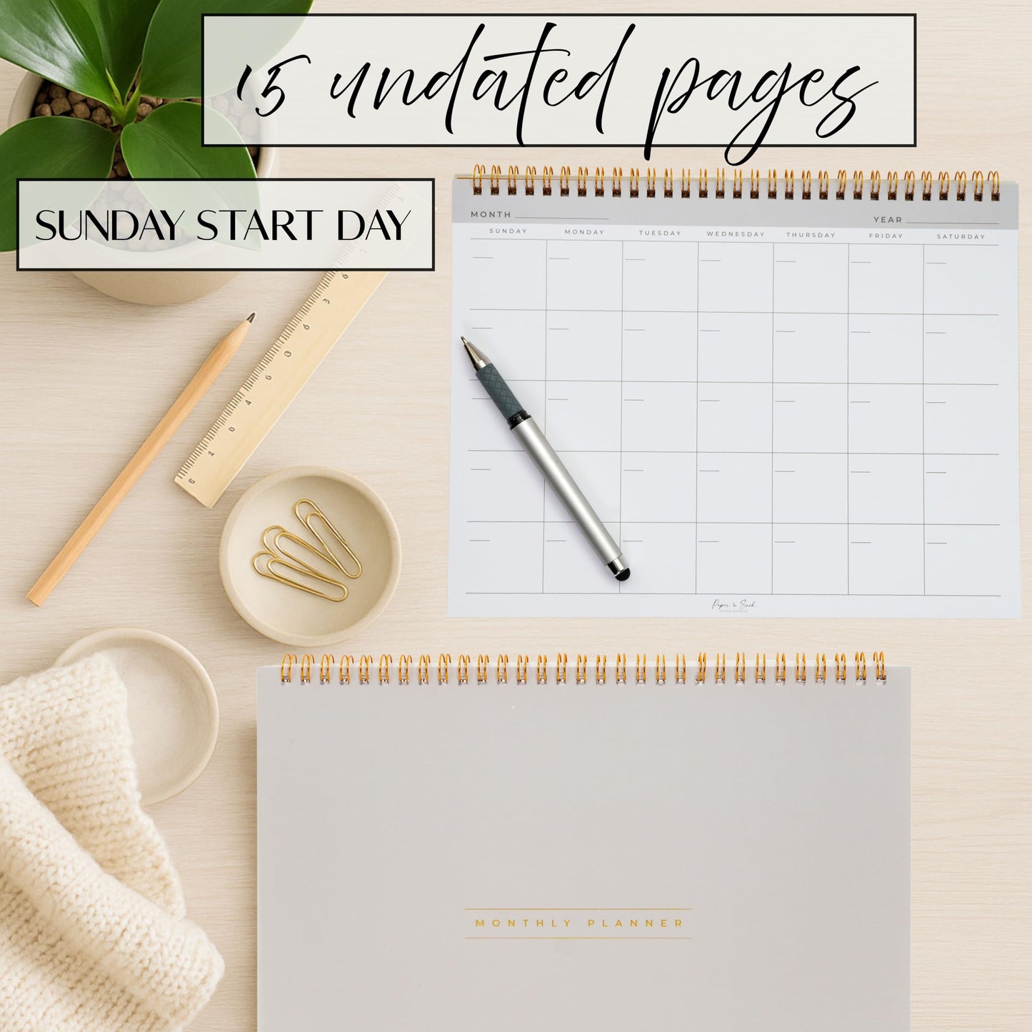 Paper 'n Such- Blank Calendar, Undated Monthly Planner, Simple Desk Agenda -DIY Custom Scrapbook for Photos -15 Sheets, Spiral Bound, Large 8.5x11", Customizable for Home, Office, or School