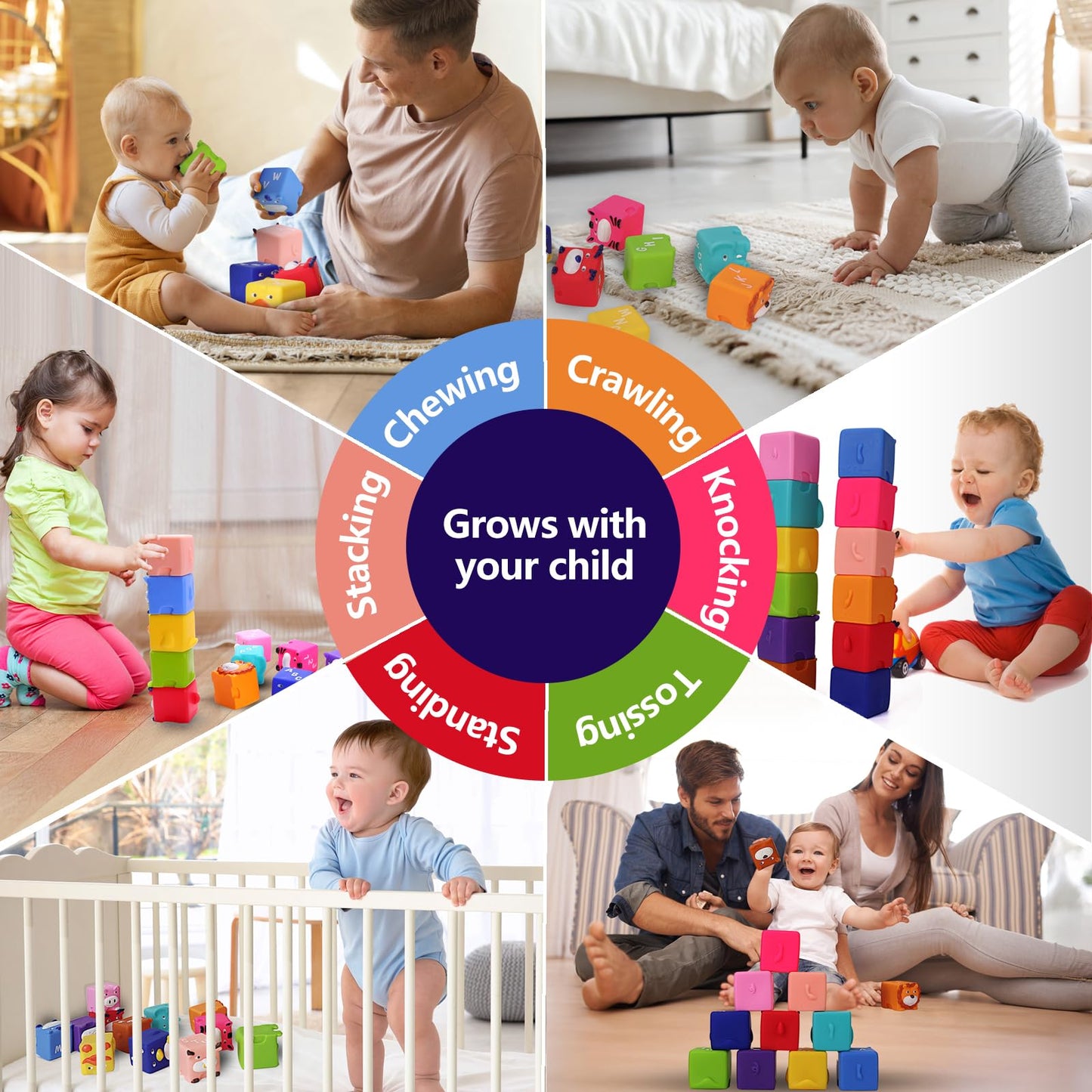 beeqoo Soft Baby Blocks – Stacking & Building Toys for Babies and Toddlers –12 Pcs No Hole Squeeze Animal Blocks – Sensory Teething Toys for Infant 6 Months+