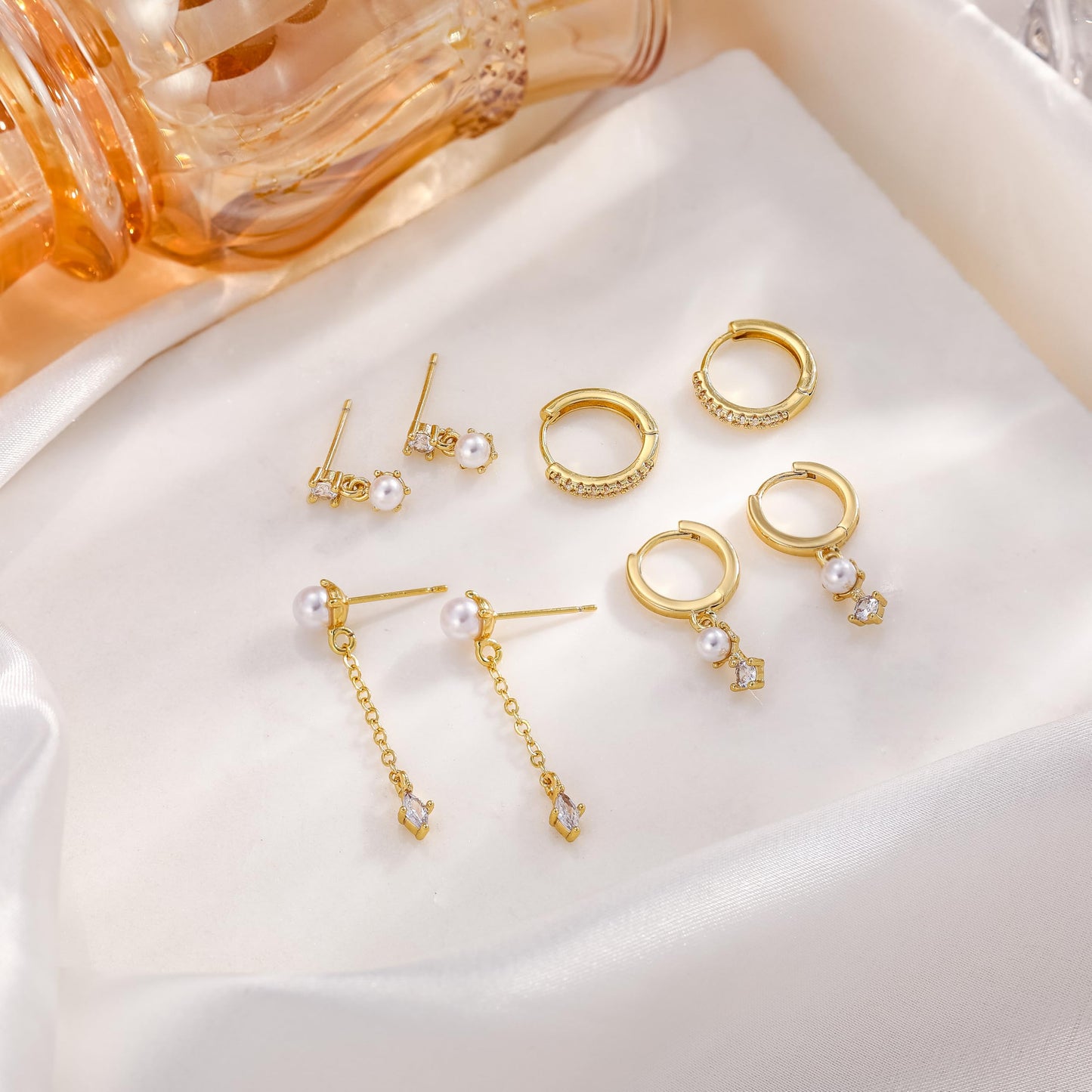 Moodear Dainty Pearl Drop Hoop Earrings for Women - Trendy Stud 14K Gold Plated Dangle Chain Baroque Pearls Hypoallergenic Earring Sets for Multiple Piercing