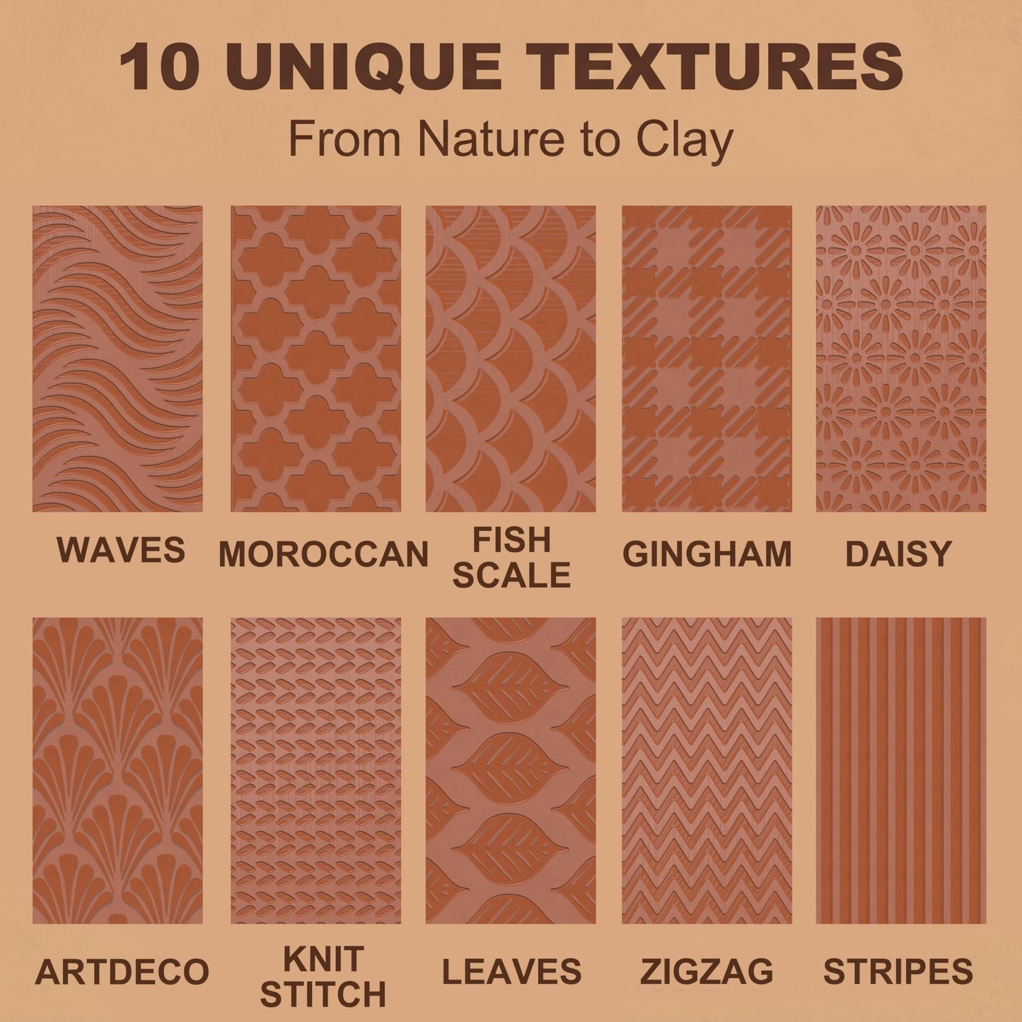 Hokkieam Clay Texture Rollers | 10-Pack Polymer Clay Texture Roller Set for Pottery & Crafting