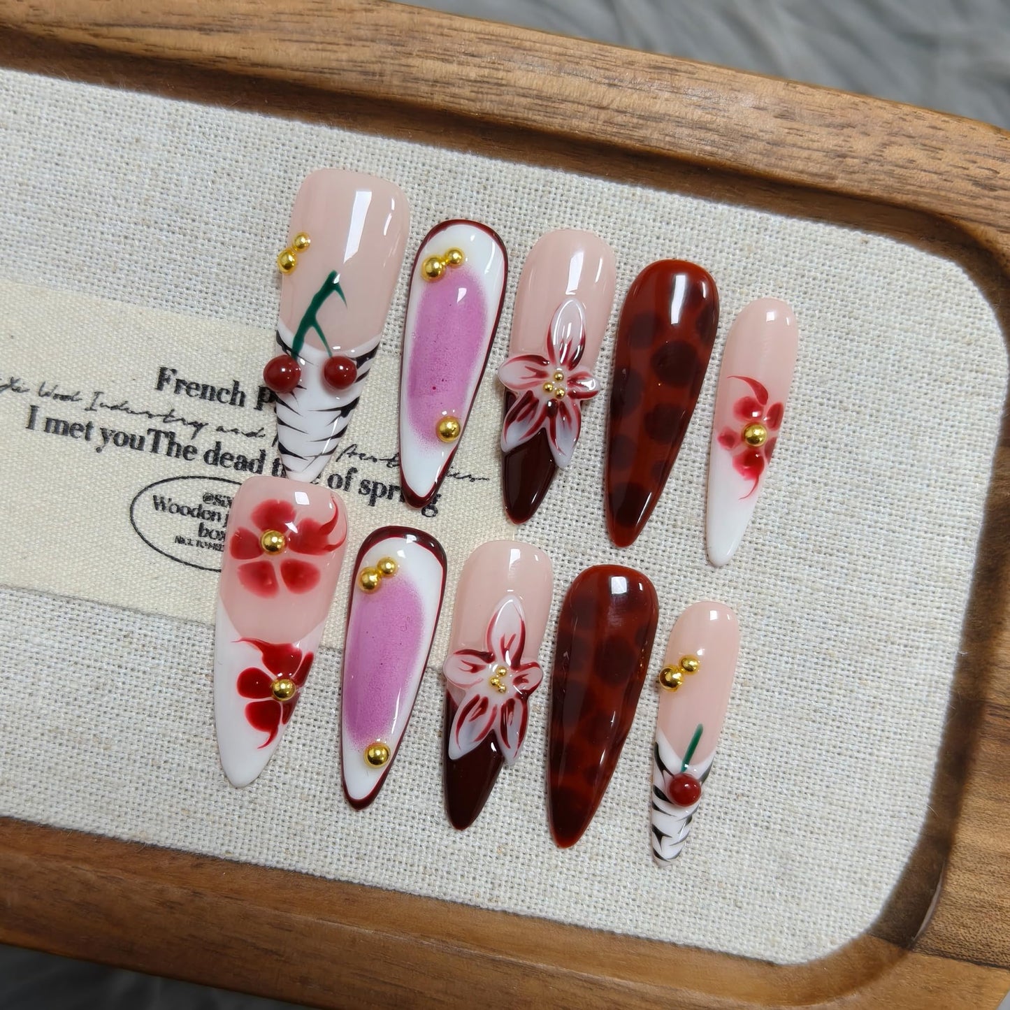 TENPAL Cherry Blush French Tips Press on Nails Long Stiletto with 3D Floral Carving, Handmade & Reusable, Soft Flattering False Nails for Everyday Wear | Sheer Cherry Style(M)