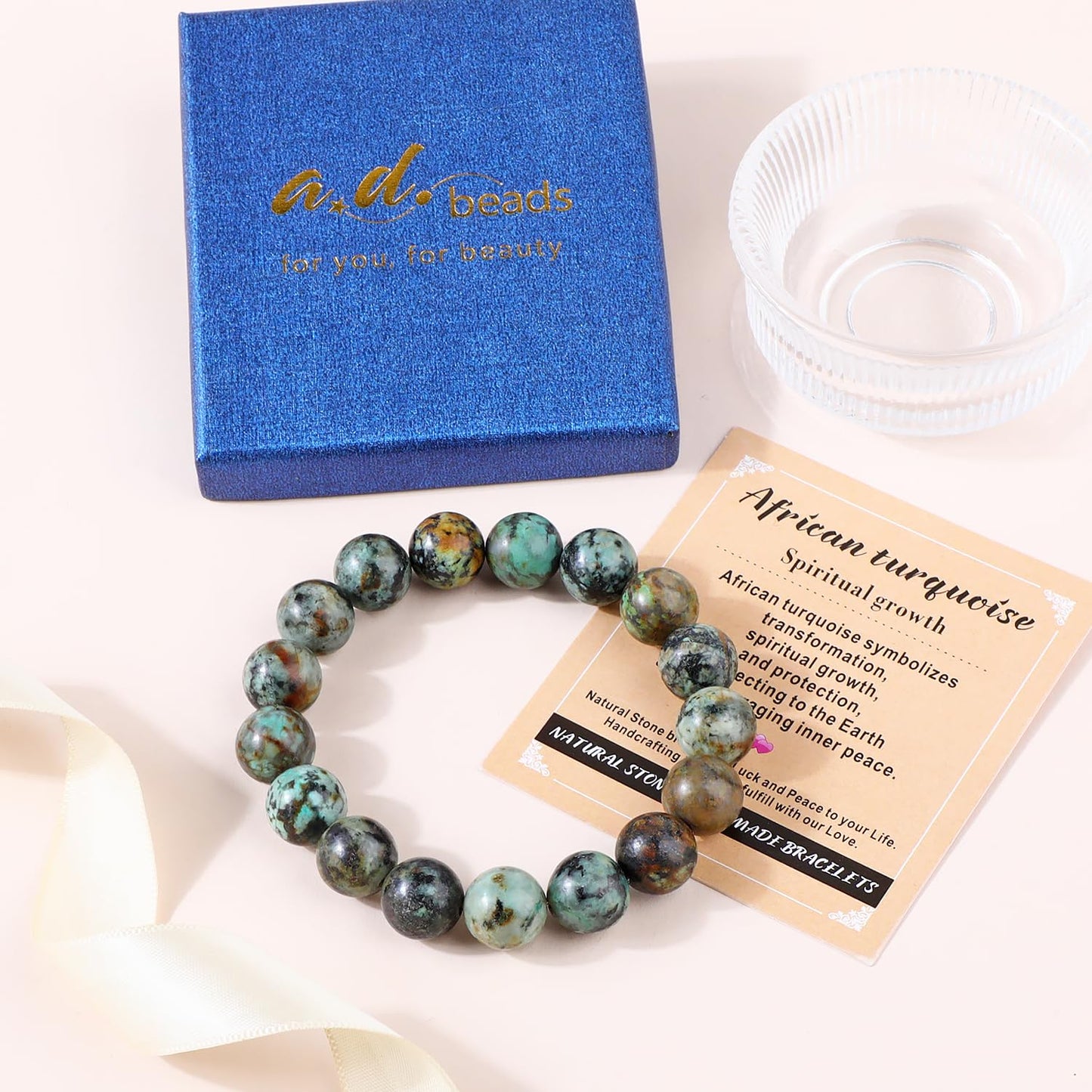 AD Beads Handmade Gemstone Stretch Elastic Bracelet Crystal Healing Reiki Nature's Beauty and Spiritual Essence Unisex (12mm, African Turquoise (Spiritual growth))
