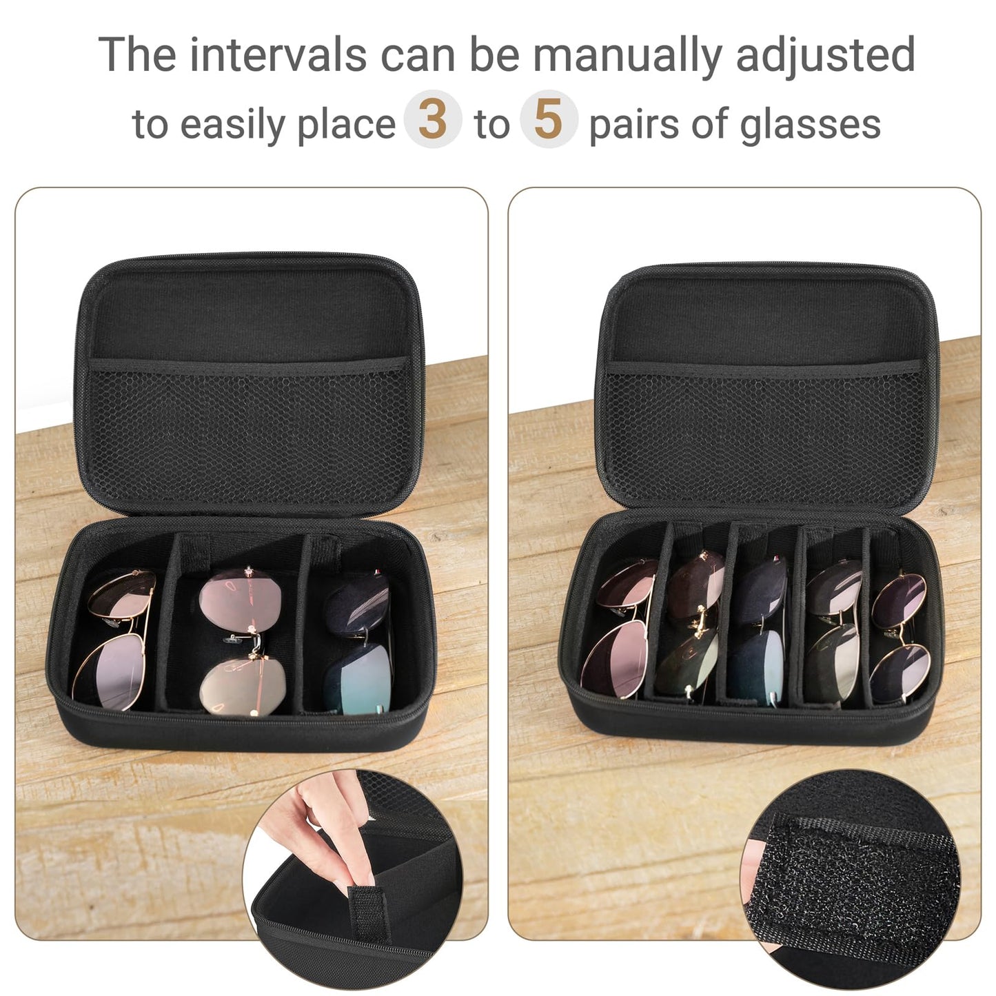 Mkono Travel Sunglasses Organizer Glasses Case Multiple Pairs with Adjustable Slots Portable Eyeglasses Case Storage Box for Men Women, Medium, Black