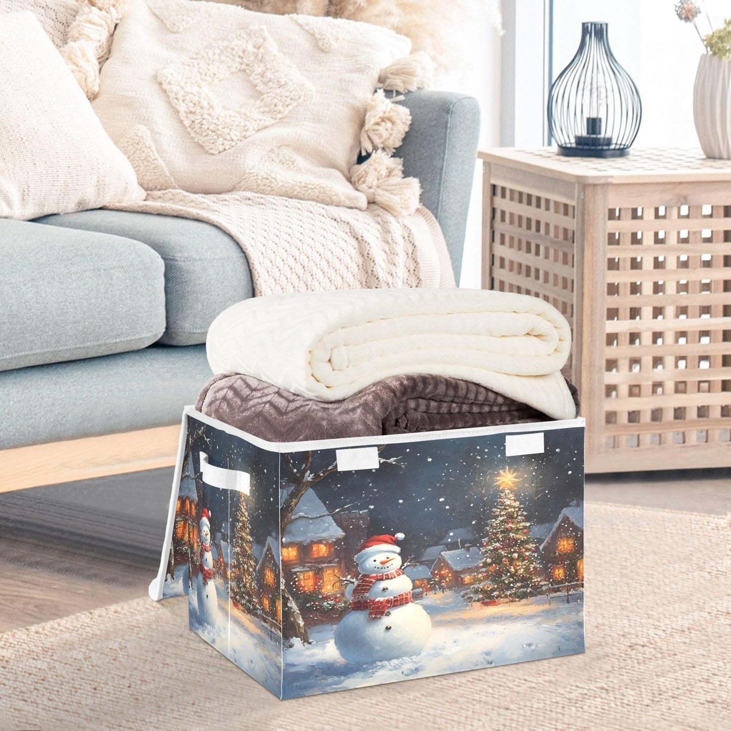 Bolaz Storage Bins with Lids and Handles,Snowman House Christmas Storage Box Storage Basket with Cover Collapsible Organizer Containers for Home Closet, Shelves