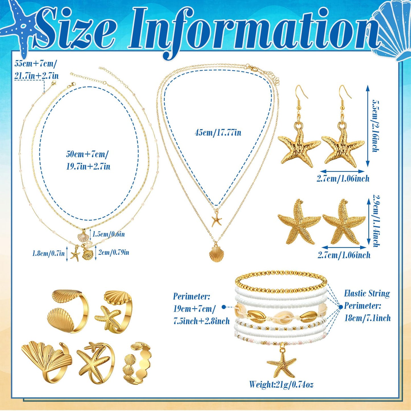 16 Pcs Seashell Starfish Jewelry Set for Women Seashell Earrings Rings Boho Layer Charm Necklace Summer Beach Bracelets Natural White Anklet for Summer Holiday Vacation Accessories(Gold,Shell)