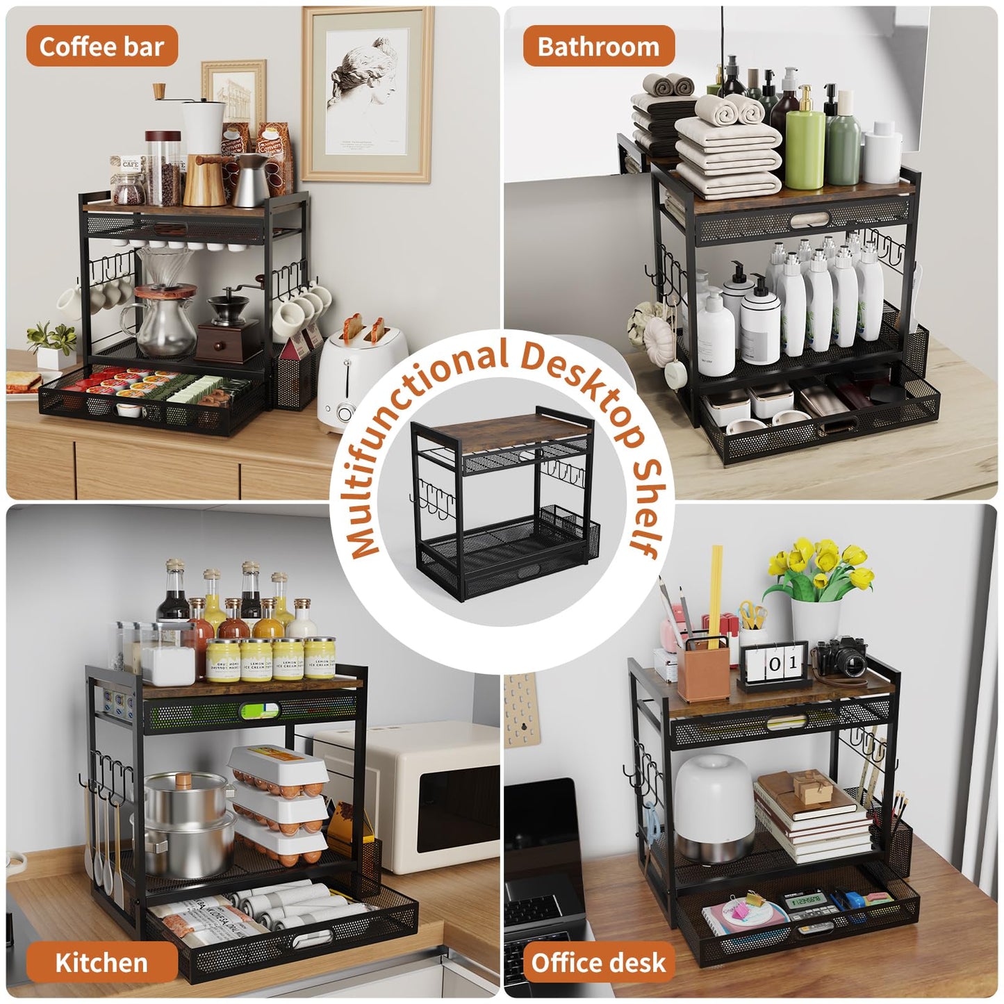 Coffee Bar Organizer Station with CoffeePod Drawer Mug Cup Holder and Tea Condiment Storage for Countertop Organizer CoffeeBar Accessories for Kitchen,Home,Office