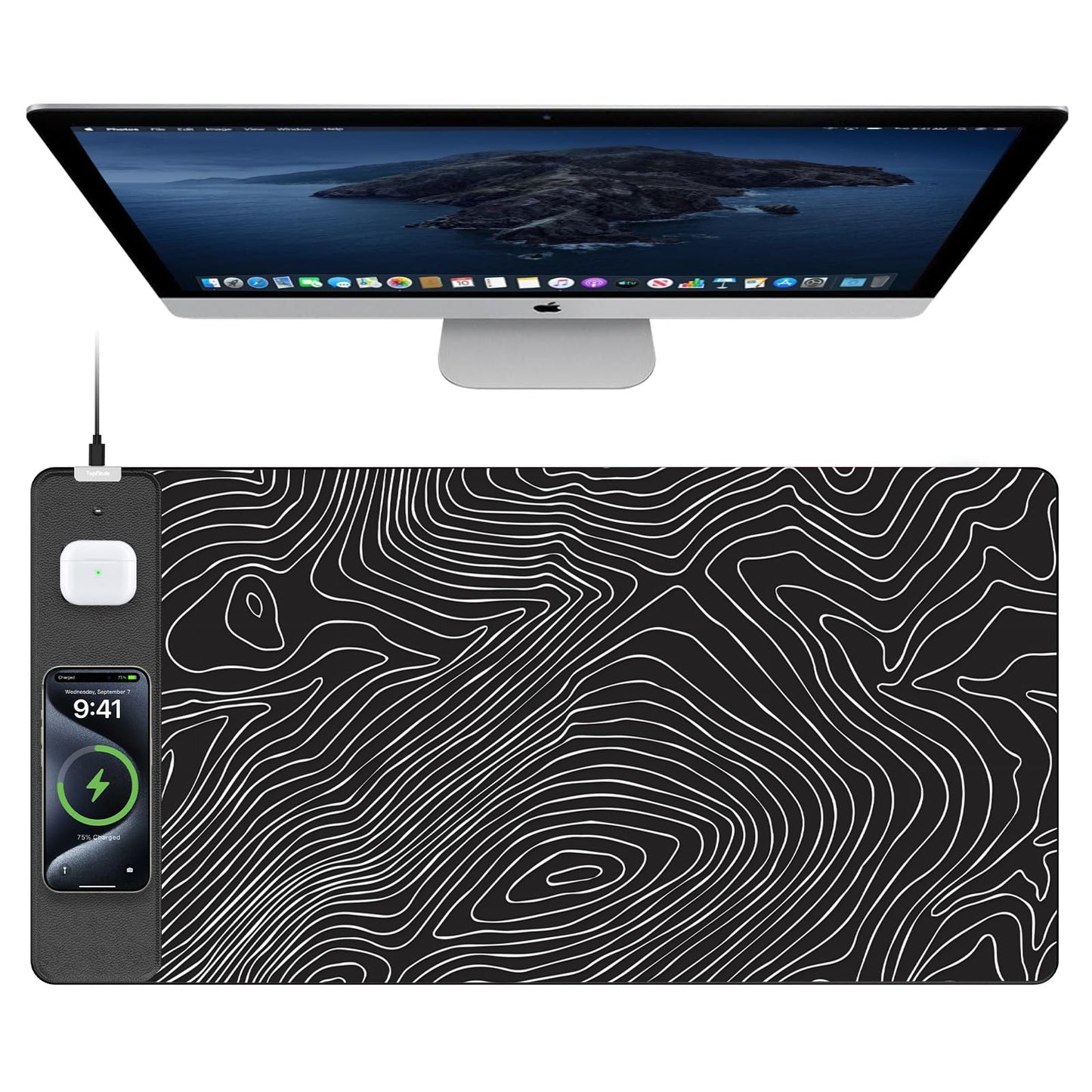 TopMade Mouse Pad with 15W Fast Wireless Charging, 31.5"x15.75" XXL Large Gaming Waterproof Desk Pad with Ultra-Smooth Surface, Non-Slip Base, Computer Desk Mat, Black Topographic Map #1
