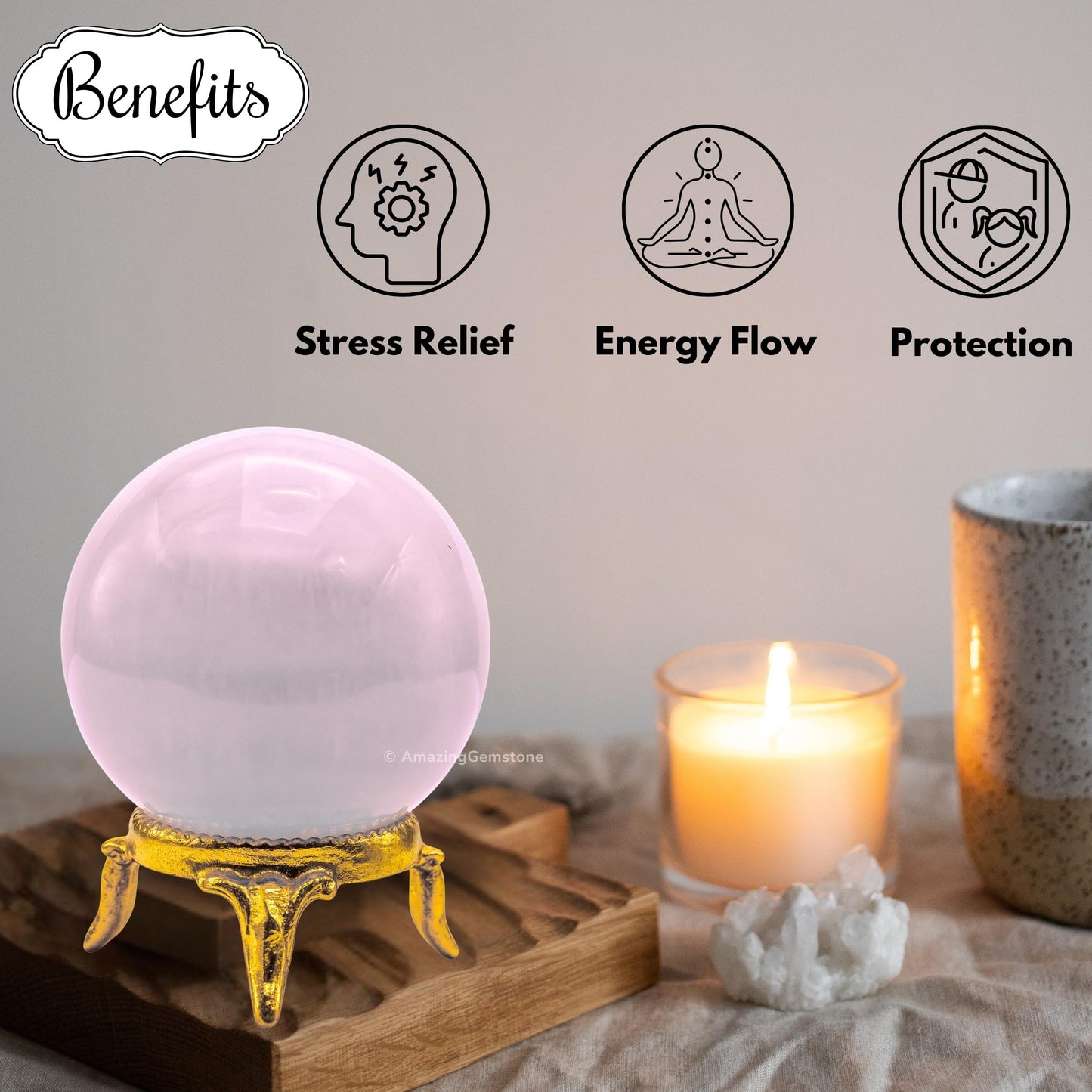 Amazing Gemstone Pink Calcite Crystal Ball with Stand - 2 Inches Crystal Sphere Meditation Balls for Witchcraft and Decorative Balls