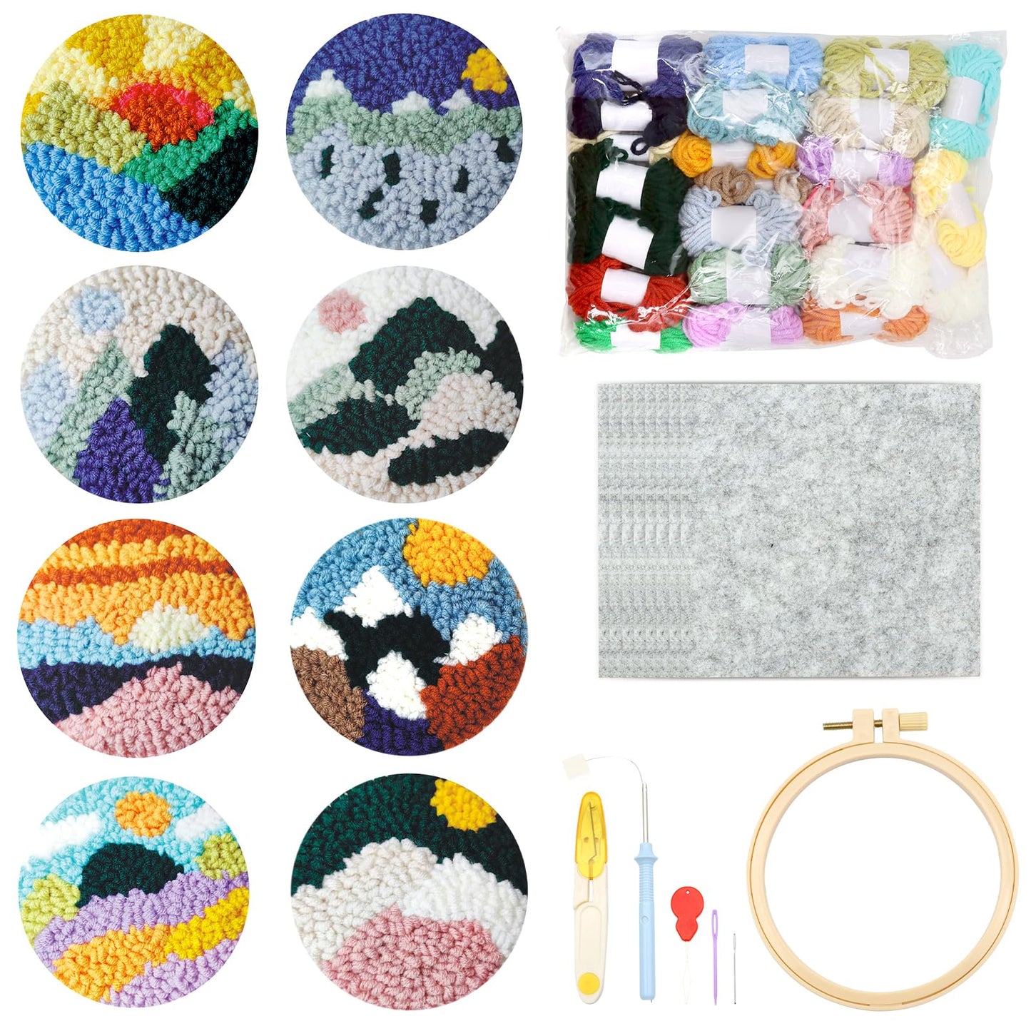 Soleeya 8-Piece Punch Needle Coaster Kit for Adults Beginners | DIY Landscape Patterns with Yarn, Hoop, Needle | Relaxing Rug Tufting Embroidery Craft Gift