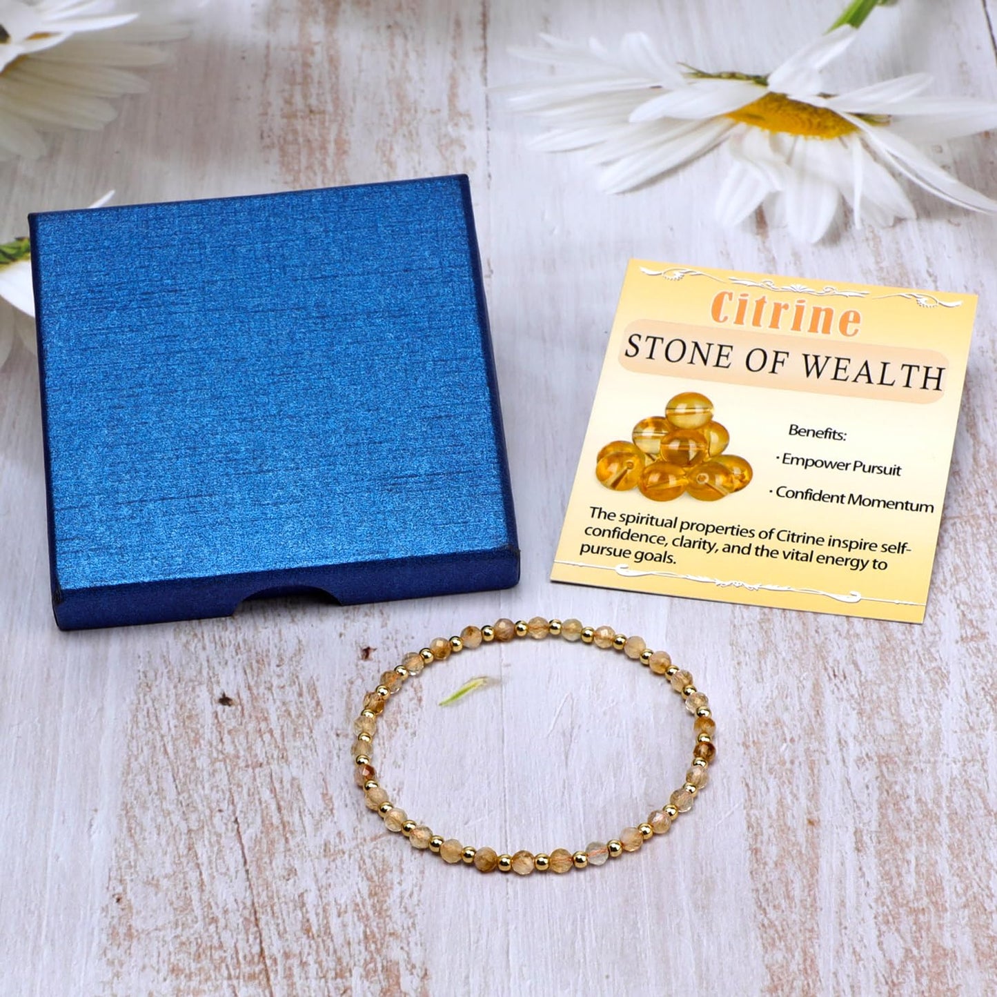 QOGIR Citrine - Stone of Wealth - 14K Gold Plated Beads Natural Gemstone Stretch Elastic Dainty Healing Beaded Bracelets Gifts 4mm