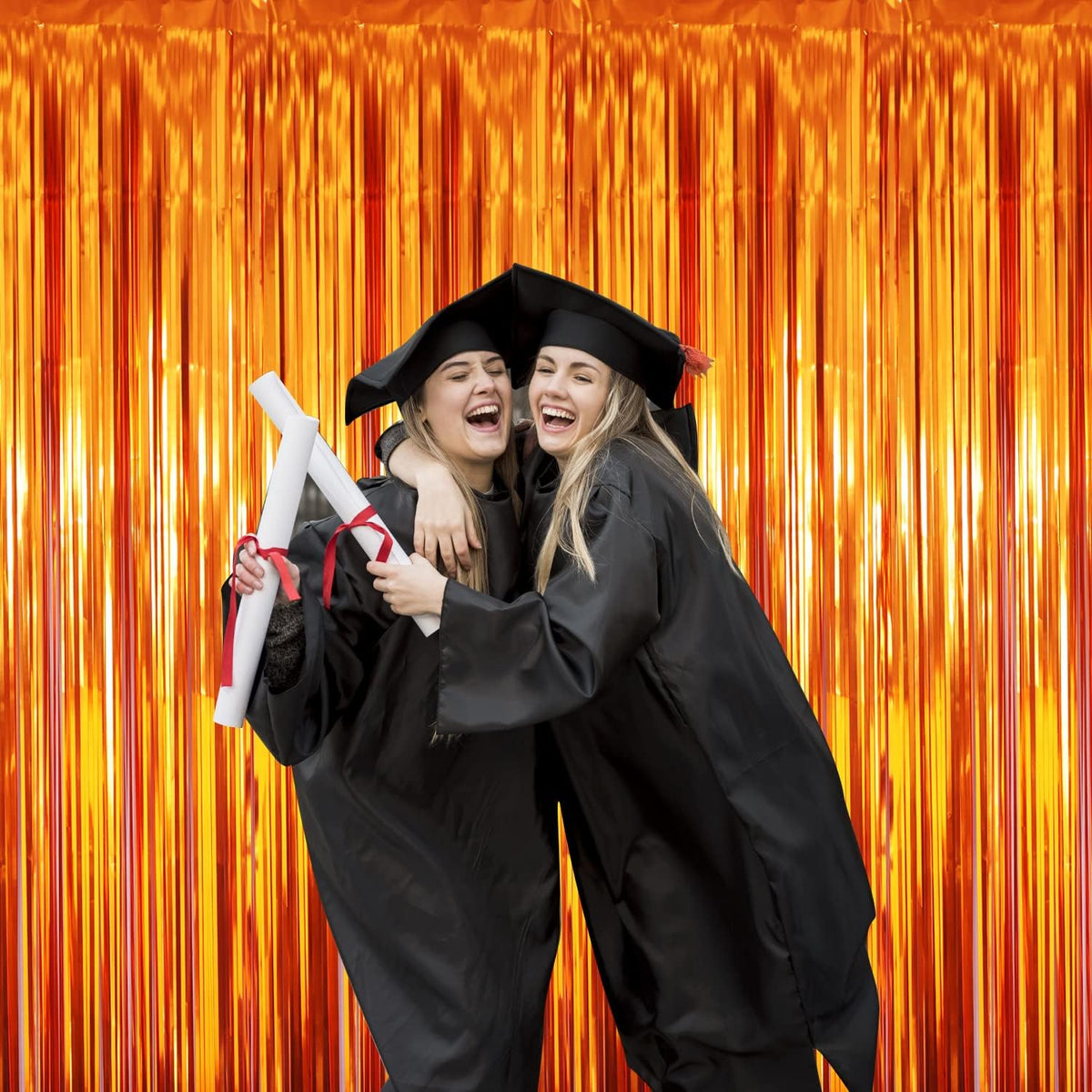 GOER 6.4 ft x 8.2 ft Metallic Tinsel Foil Fringe Curtains,Pack of 2 Party Streamer Backdrop for Birthday,Graduation Decorations and New Year Eve (Orange)