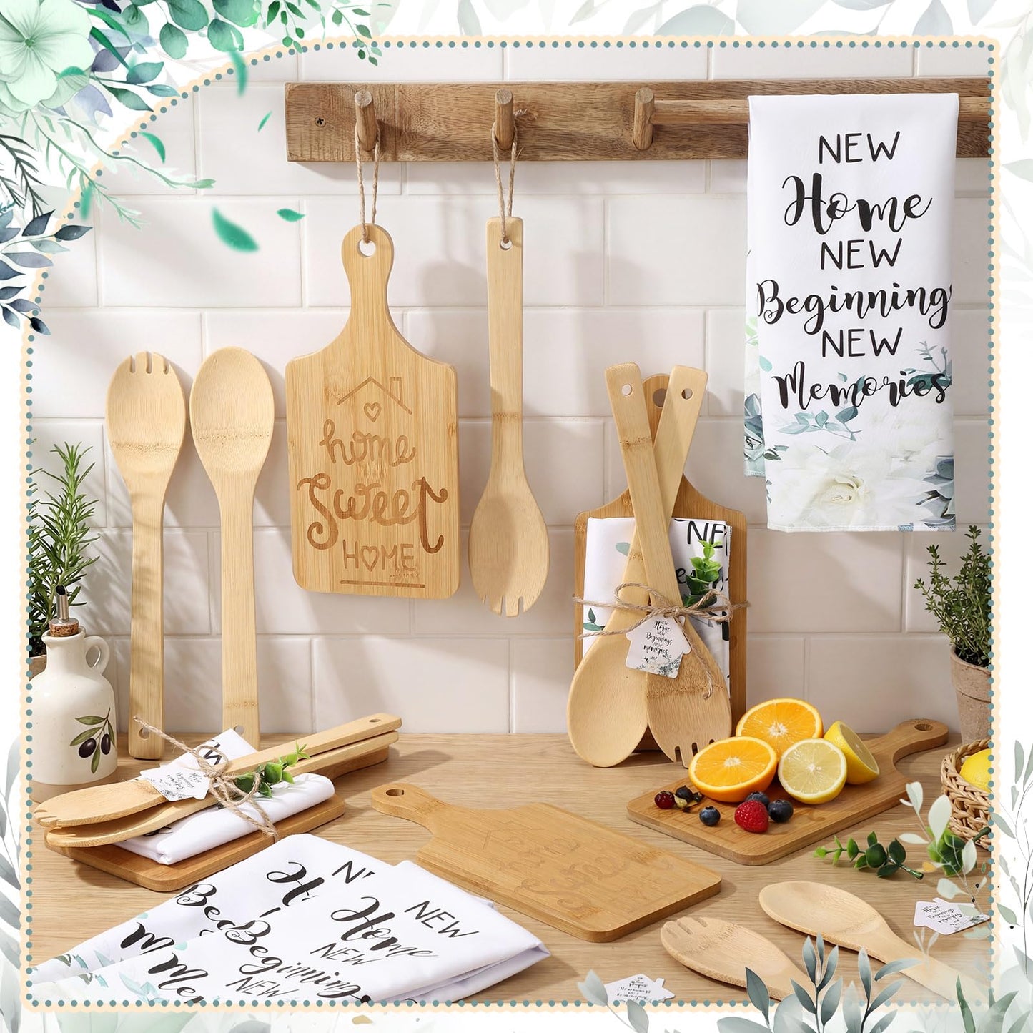 Geelin 31 Pcs/5 Sets Housewarming Gifts Engraved Cutting Board New Home Beginning Memories Kitchen Towels Cards Bamboo Spoons House Warming Gift Set for Homeowner Neighbor Couple Apartment Kitchen